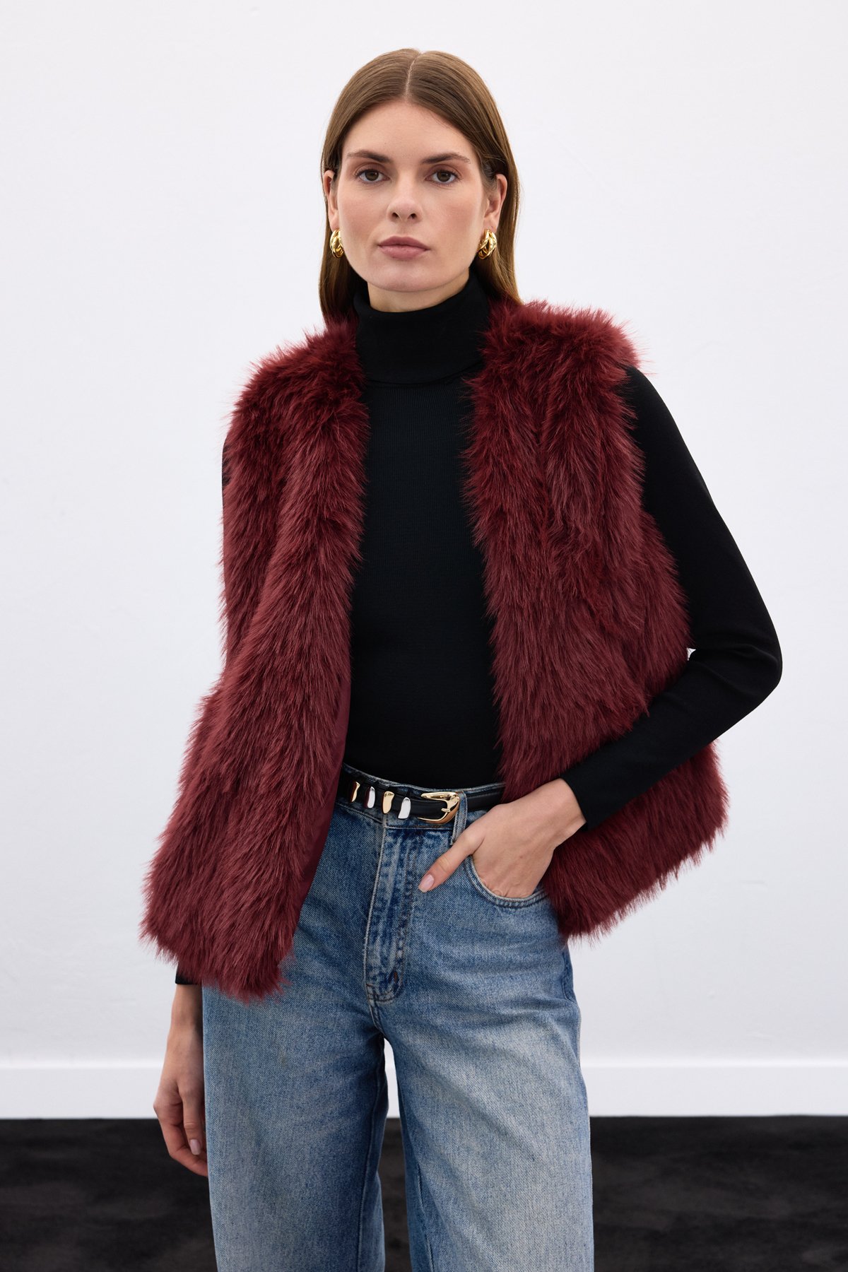 Kolsuz Uzun Yelek - Bordo