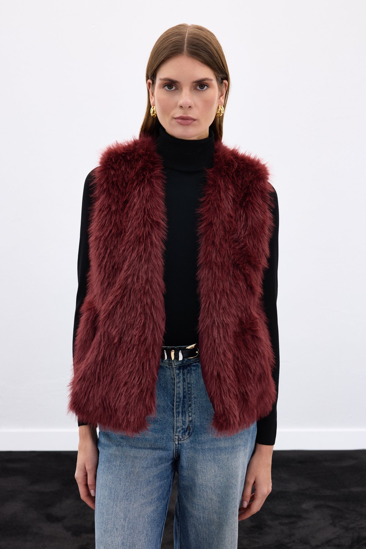 Kolsuz Uzun Yelek - Bordo