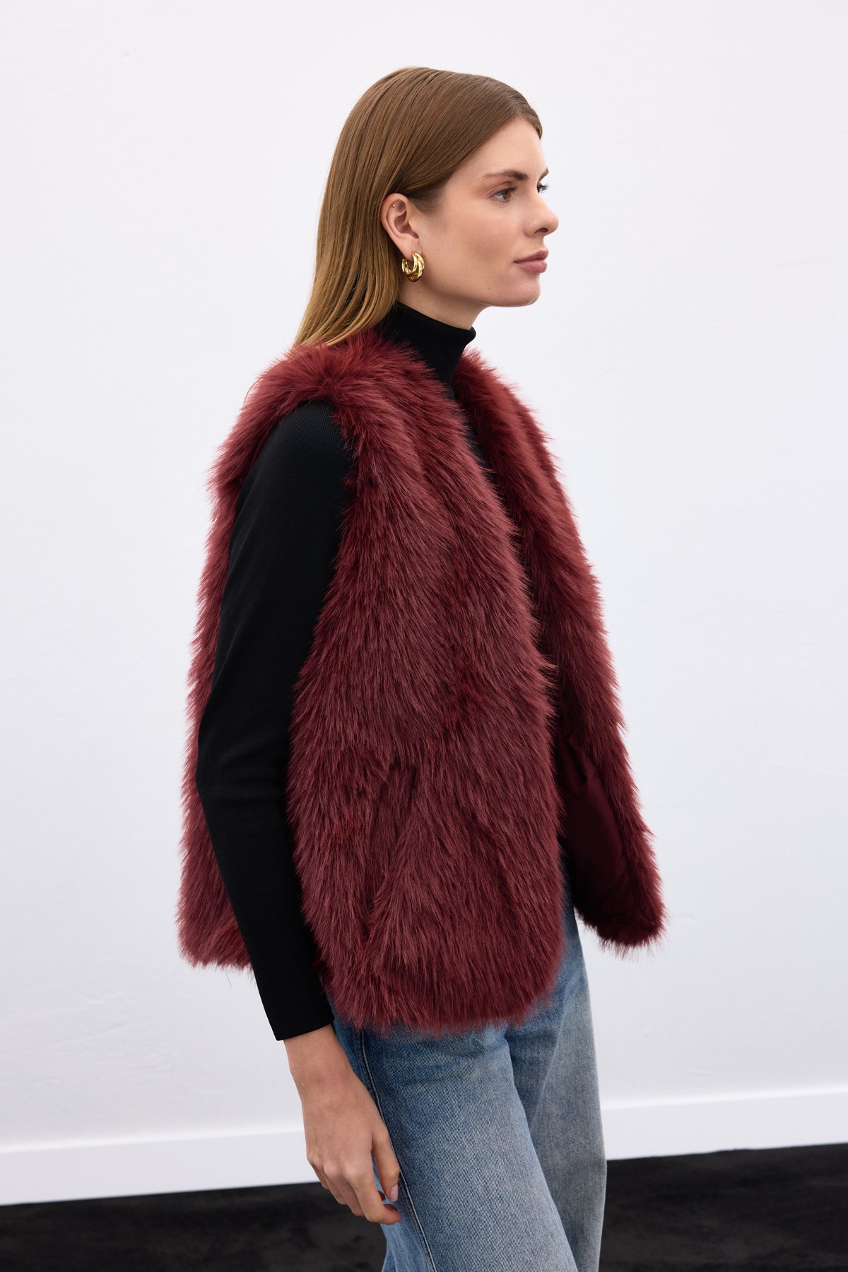 Kolsuz Uzun Yelek - Bordo