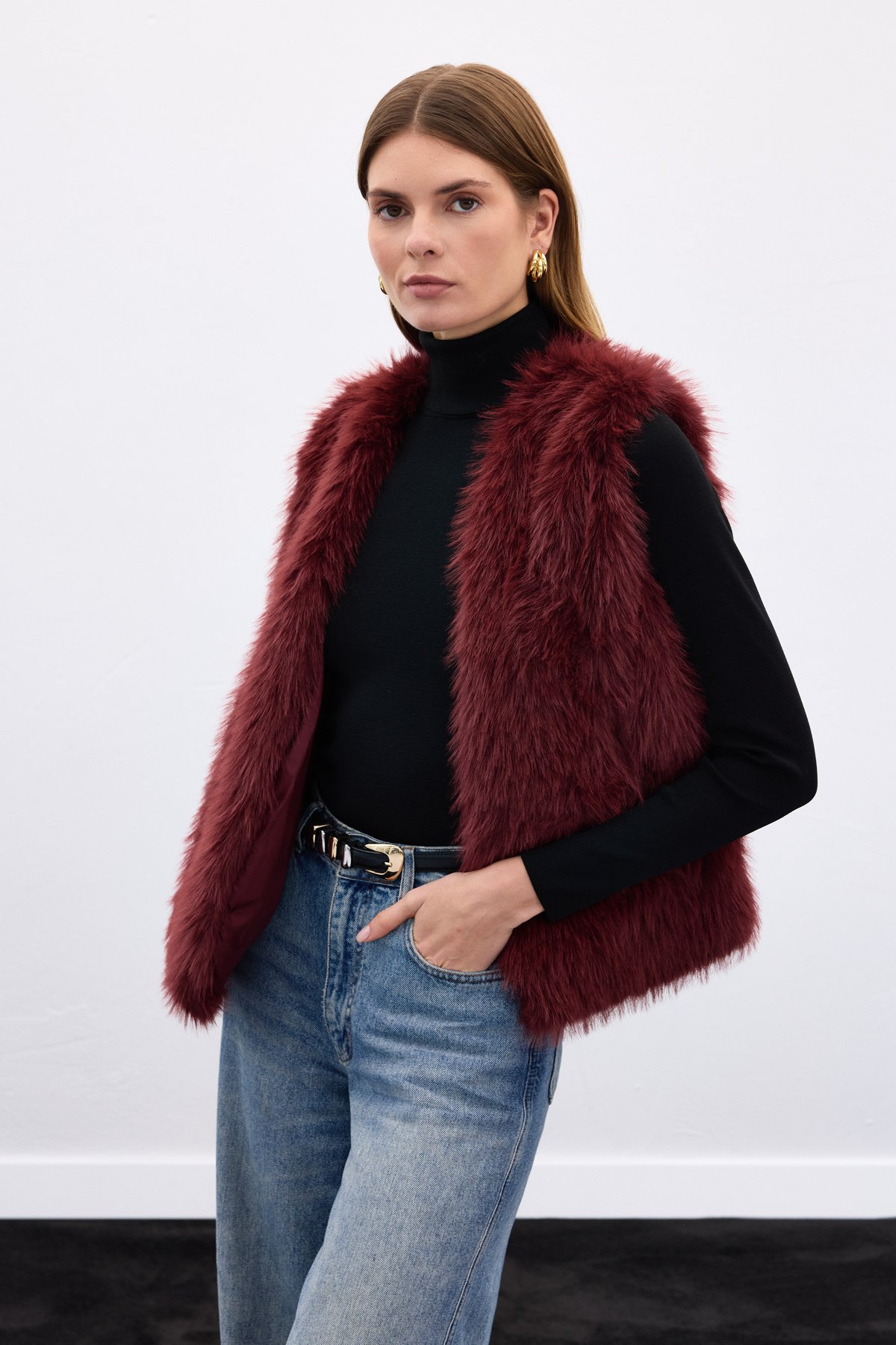 Kolsuz Uzun Yelek - Bordo