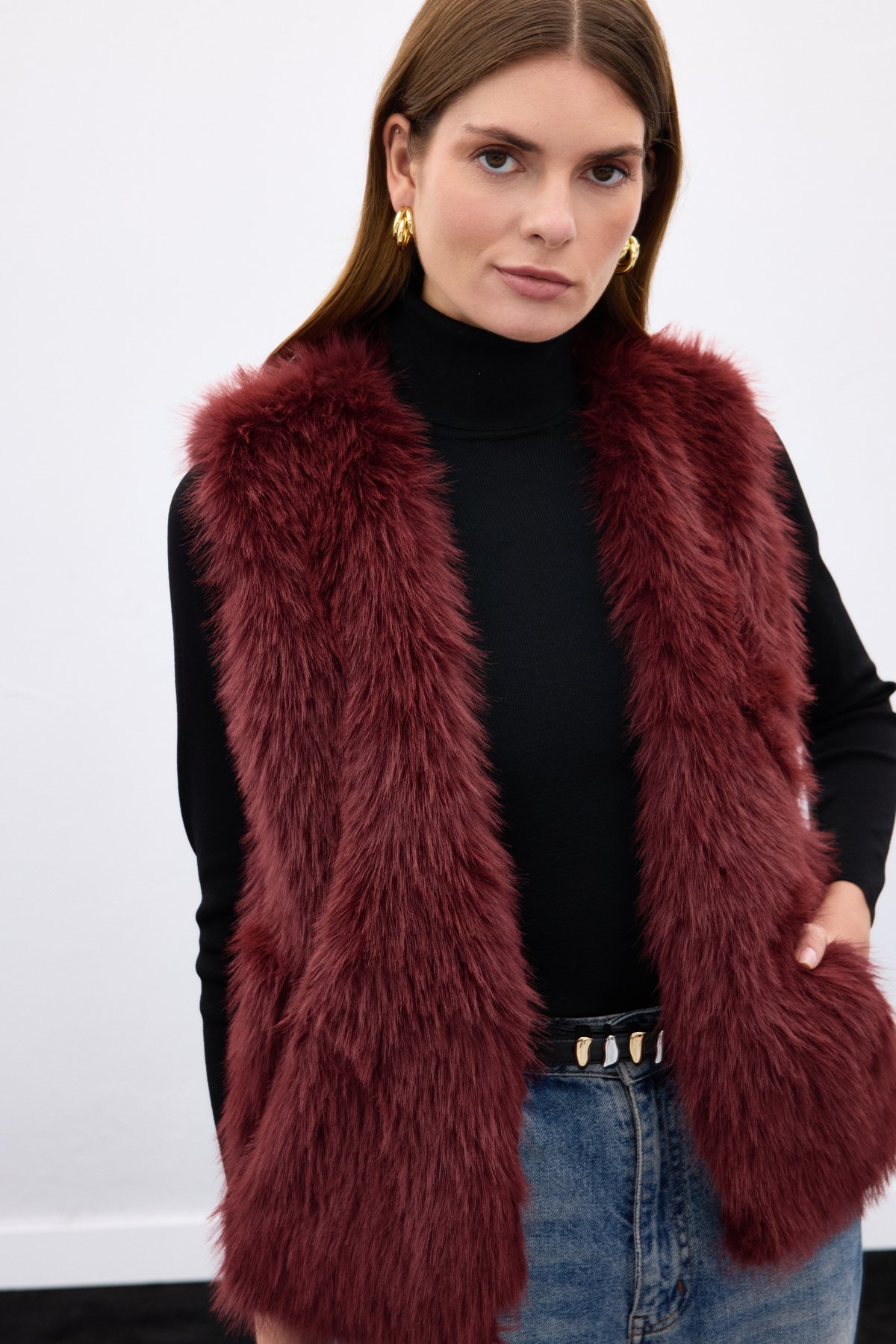 Kolsuz Uzun Yelek - Bordo