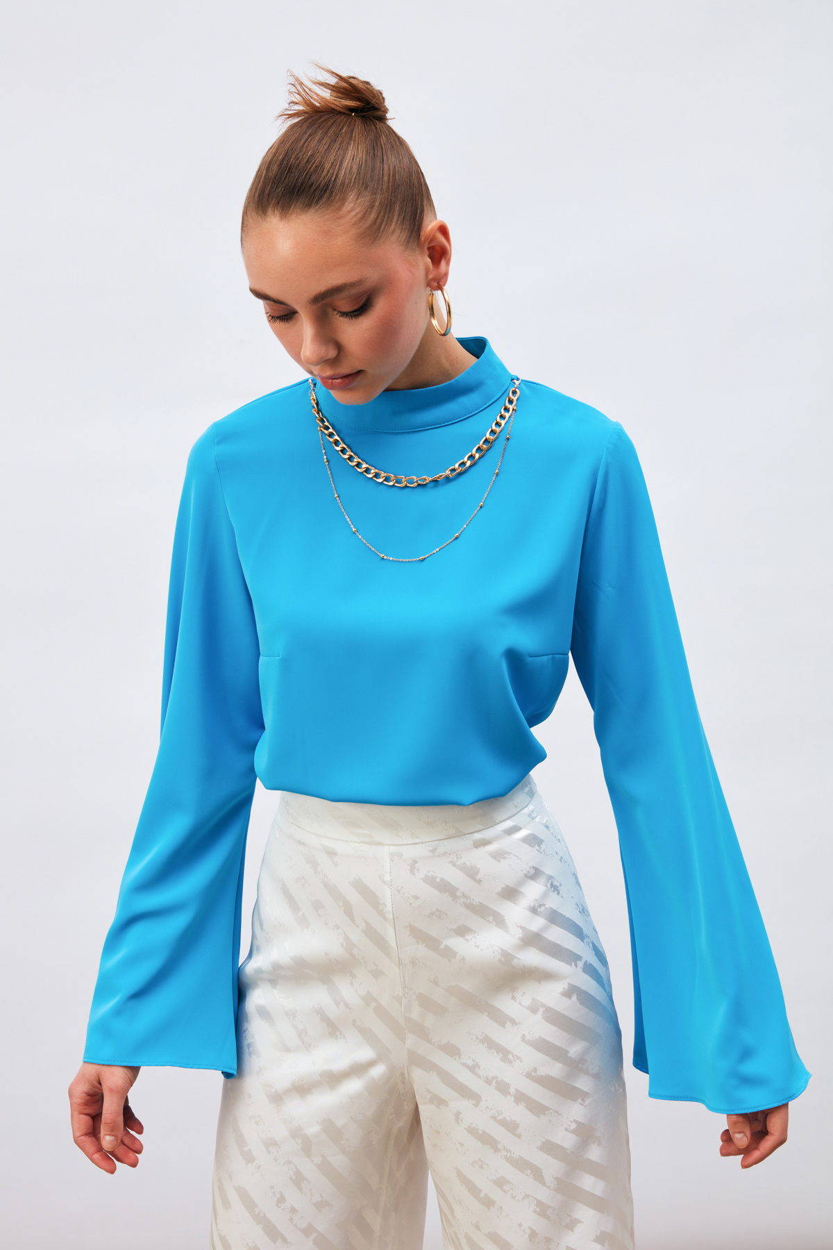 Kolyeli İspanyol Kol Bluz - BEBE MAVİ