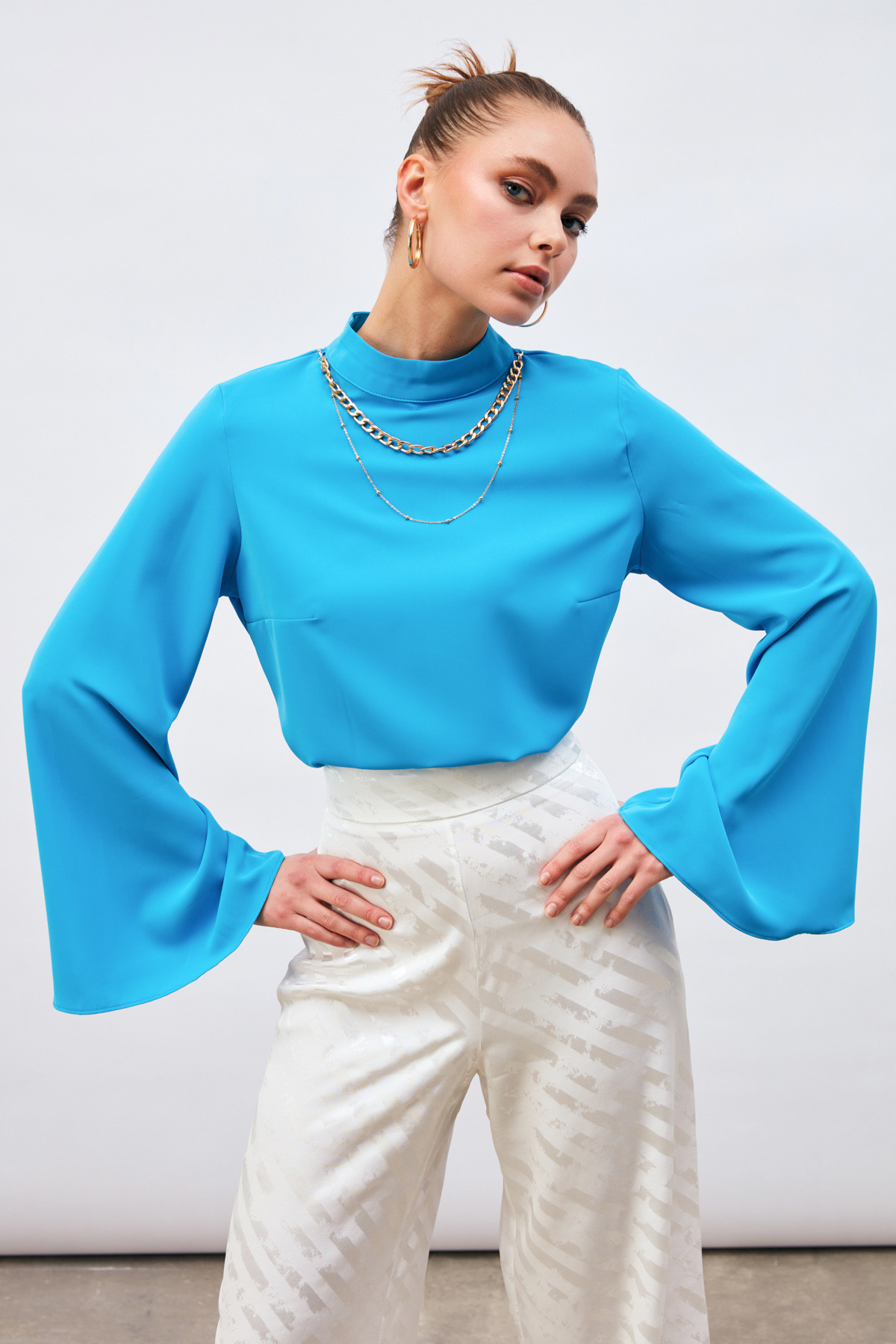 Kolyeli İspanyol Kol Bluz - BEBE MAVİ