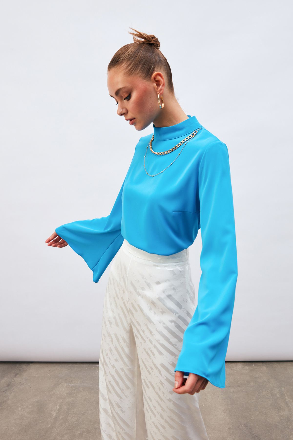 Kolyeli İspanyol Kol Bluz - BEBE MAVİ