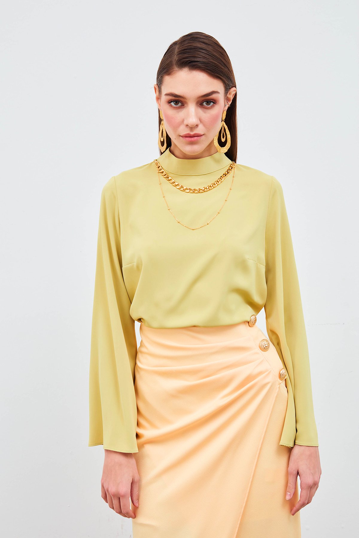 Kolyeli İspanyol Kol Bluz - FISTIK YEŞİLİ