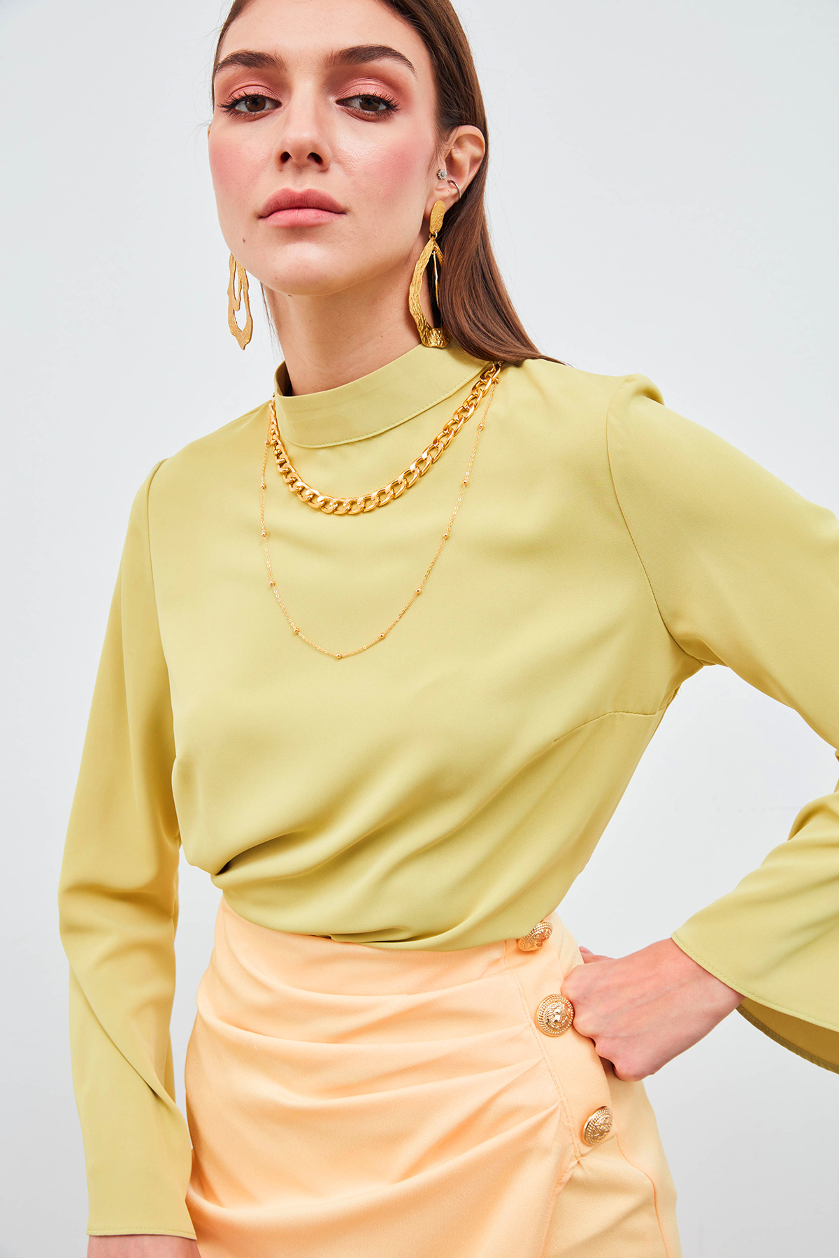 Kolyeli İspanyol Kol Bluz - FISTIK YEŞİLİ