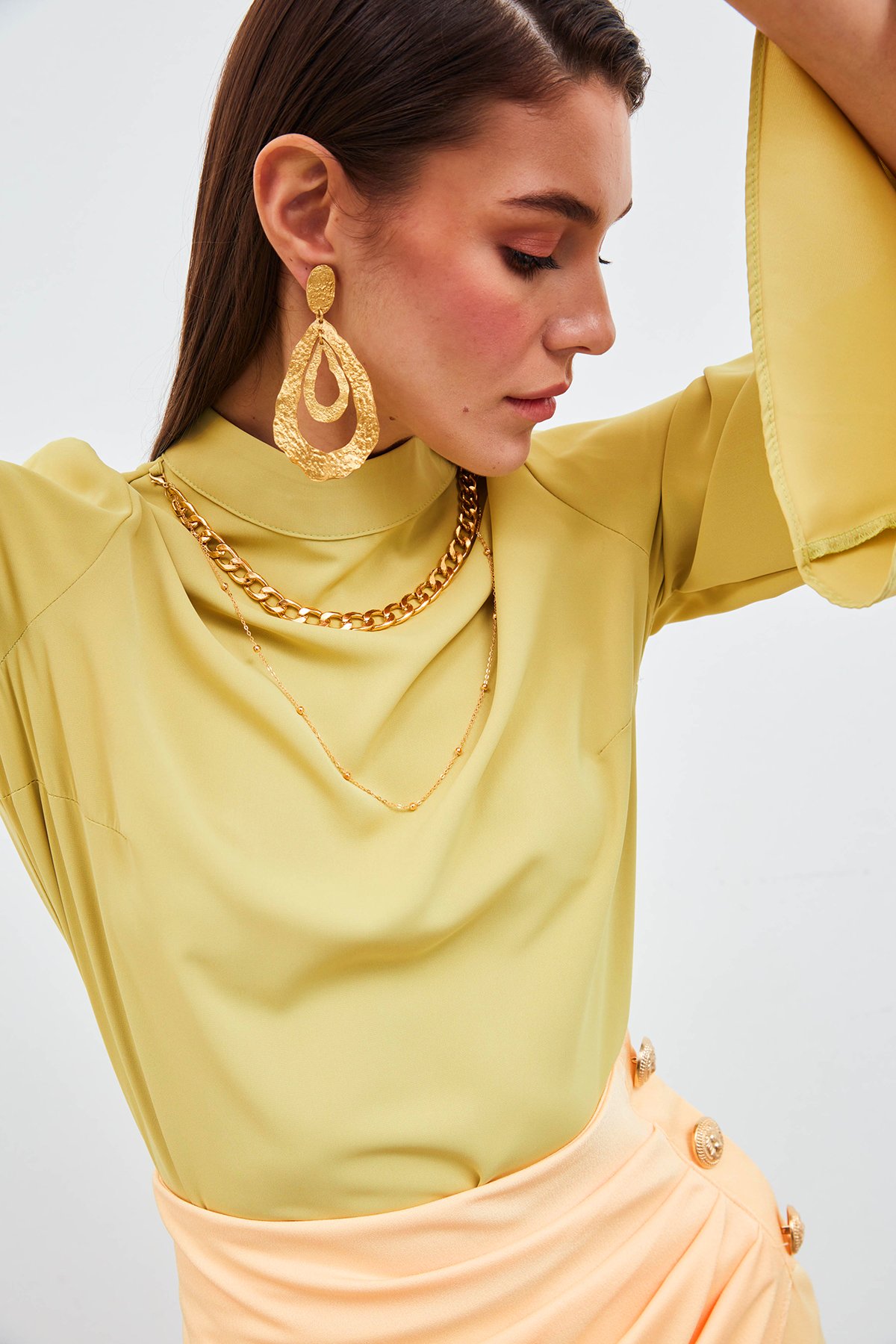 Kolyeli İspanyol Kol Bluz - FISTIK YEŞİLİ