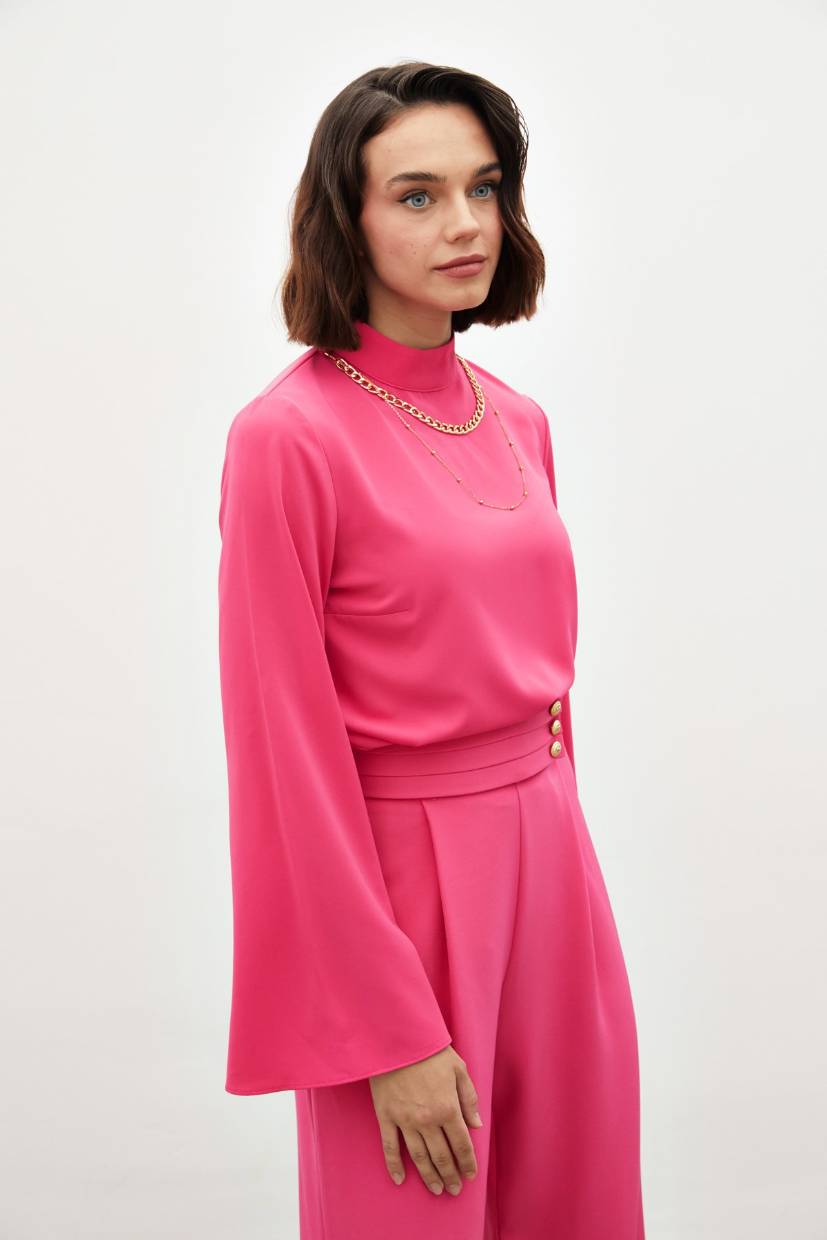 Kolyeli İspanyol Kol Bluz - FUŞYA