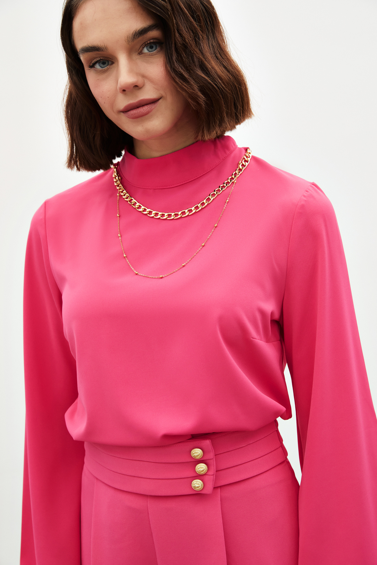 Kolyeli İspanyol Kol Bluz - FUŞYA