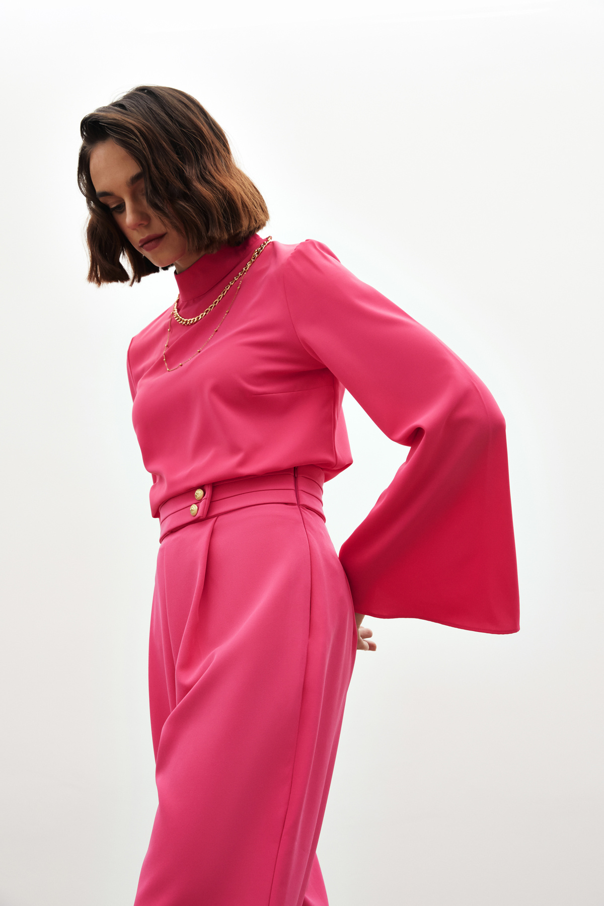 Kolyeli İspanyol Kol Bluz - FUŞYA