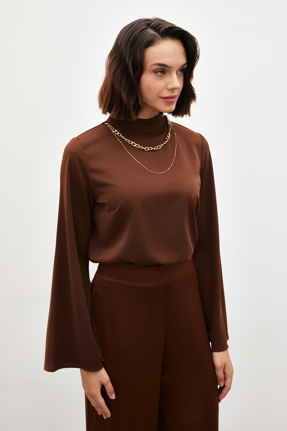 Kolyeli İspanyol Kol Bluz - KAHVE