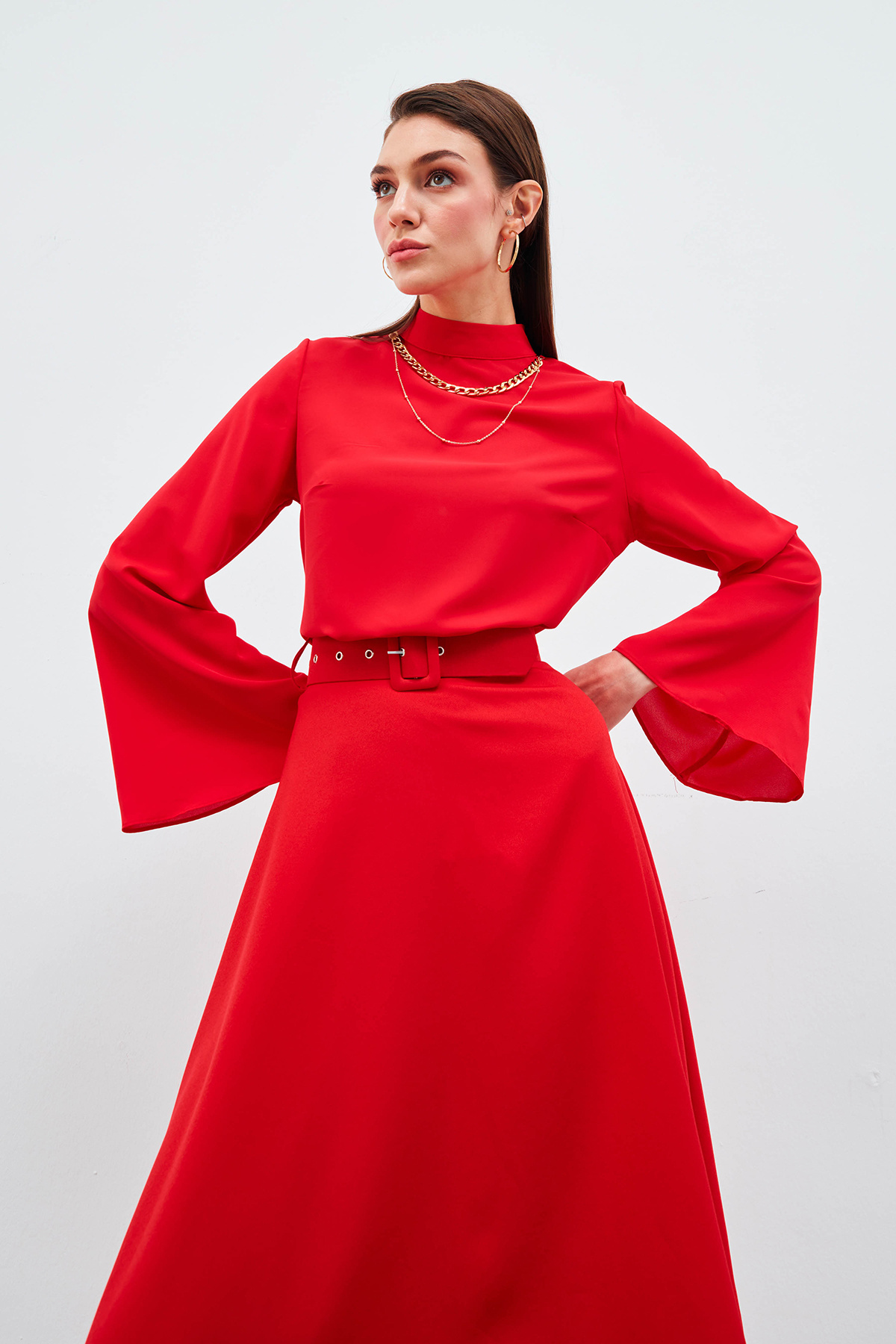 Kolyeli İspanyol Kol Bluz - KIRMIZI