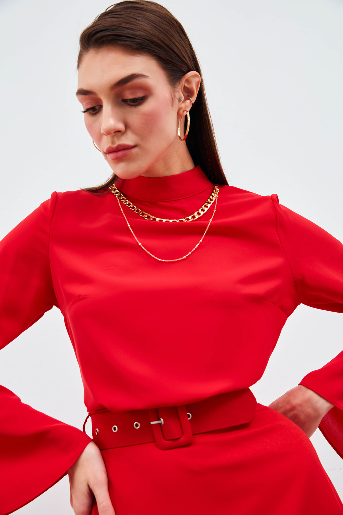 Kolyeli İspanyol Kol Bluz - KIRMIZI