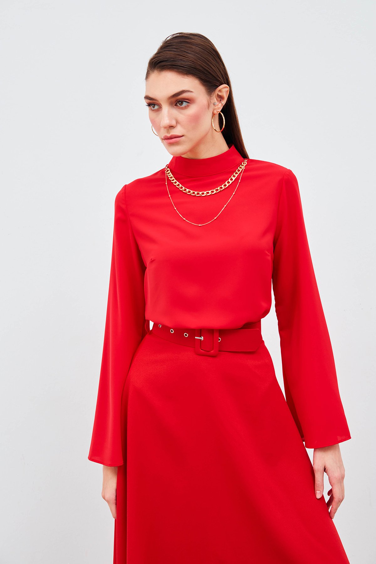 Kolyeli İspanyol Kol Bluz - KIRMIZI