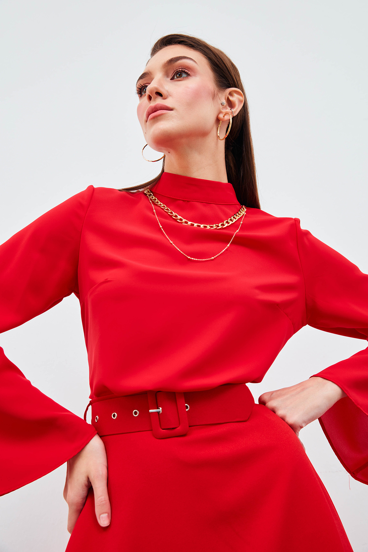 Kolyeli İspanyol Kol Bluz - KIRMIZI