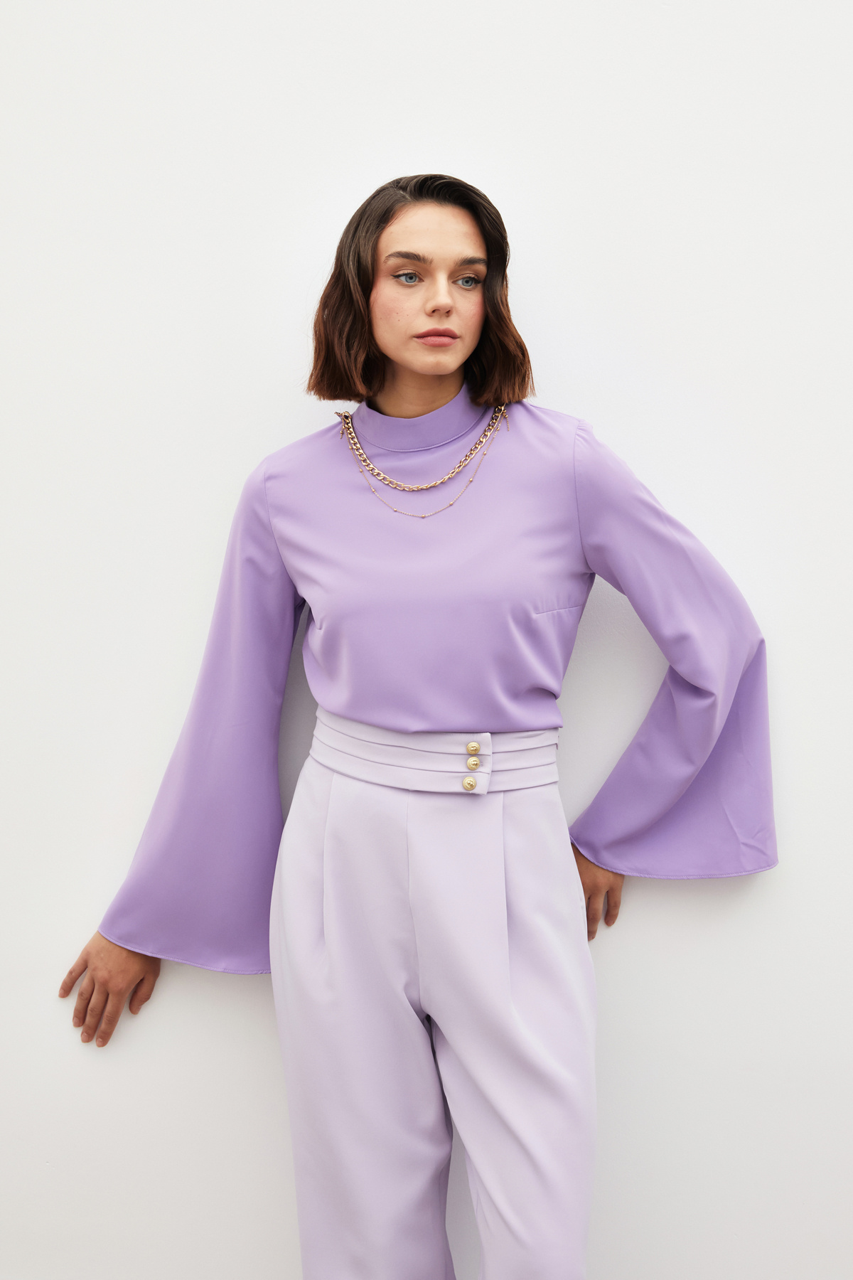 Kolyeli İspanyol Kol Bluz - LİLA