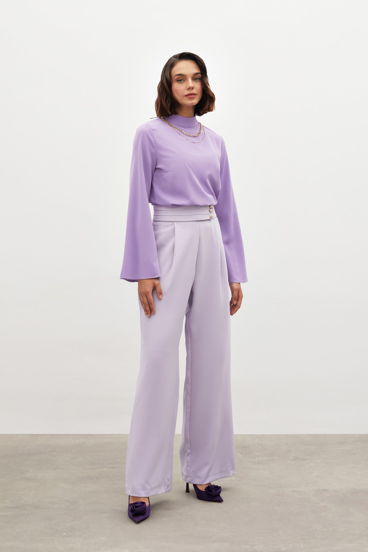 Kolyeli İspanyol Kol Bluz - LİLA