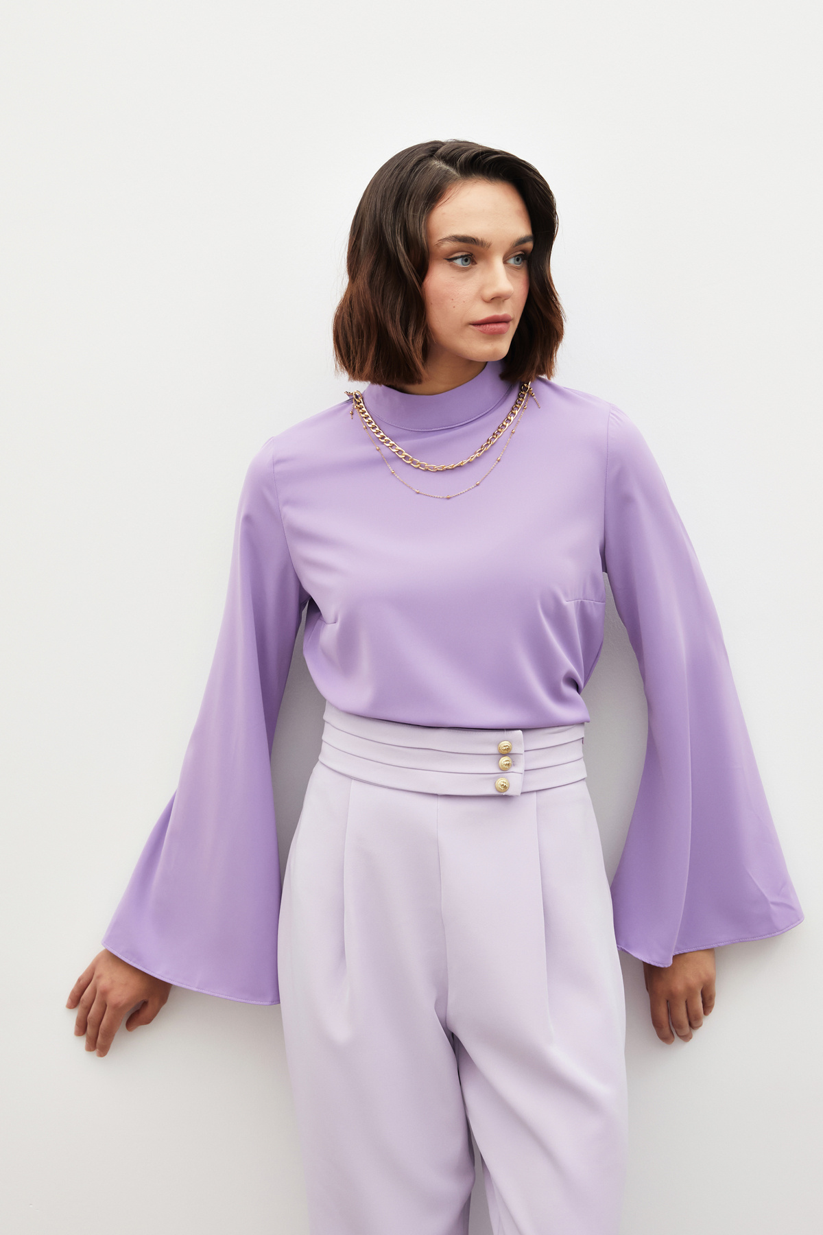 Kolyeli İspanyol Kol Bluz - LİLA