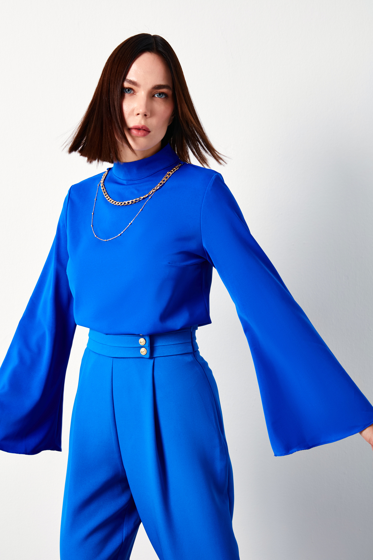 Kolyeli İspanyol Kol Bluz - SAX MAVİ