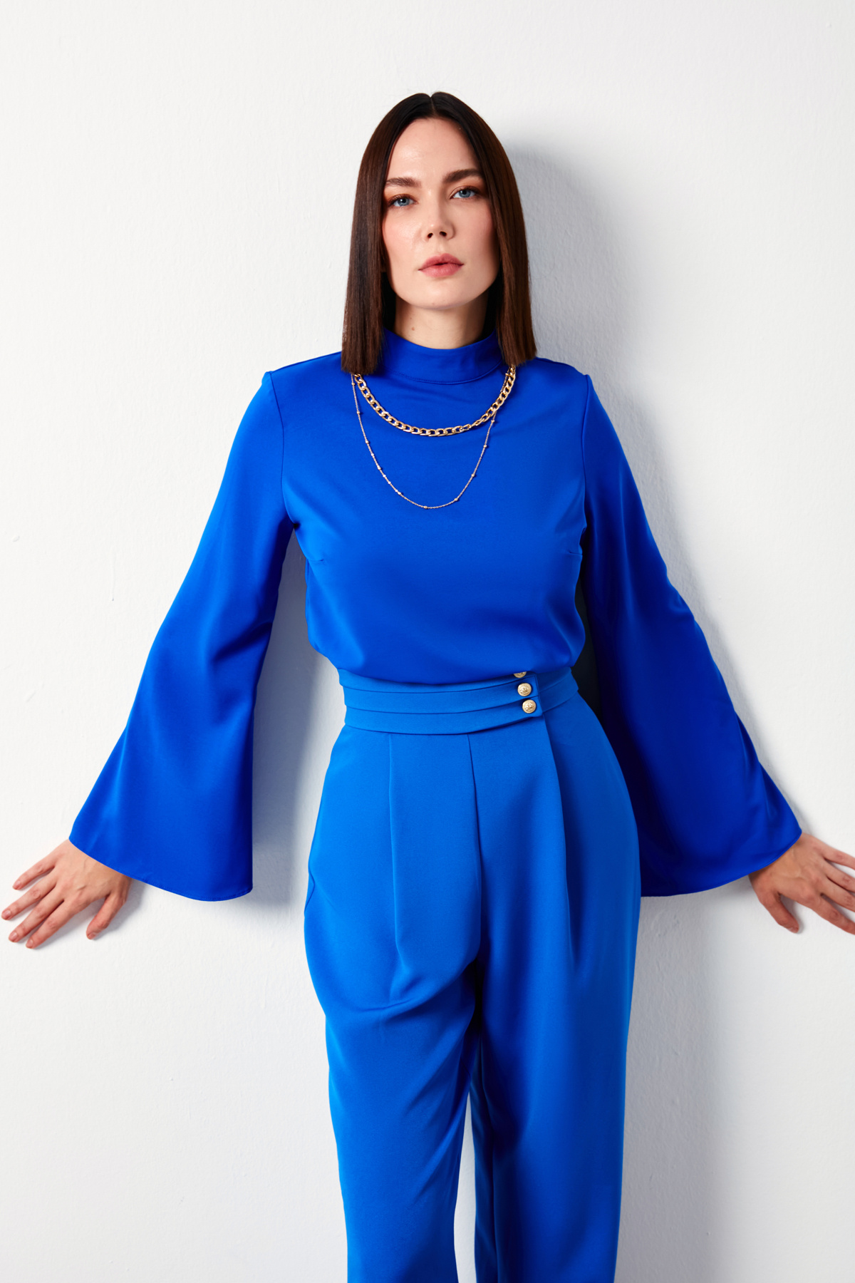 Kolyeli İspanyol Kol Bluz - SAX MAVİ