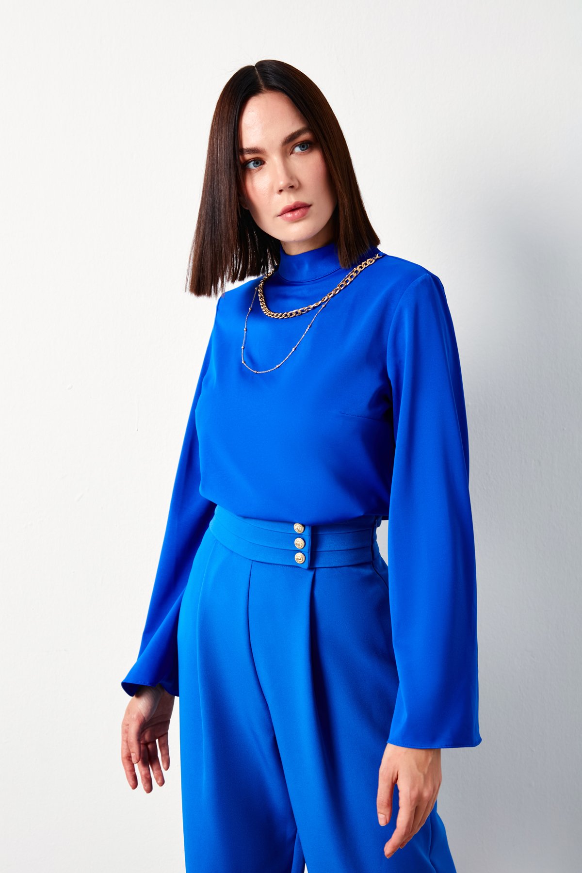 Kolyeli İspanyol Kol Bluz - SAX MAVİ