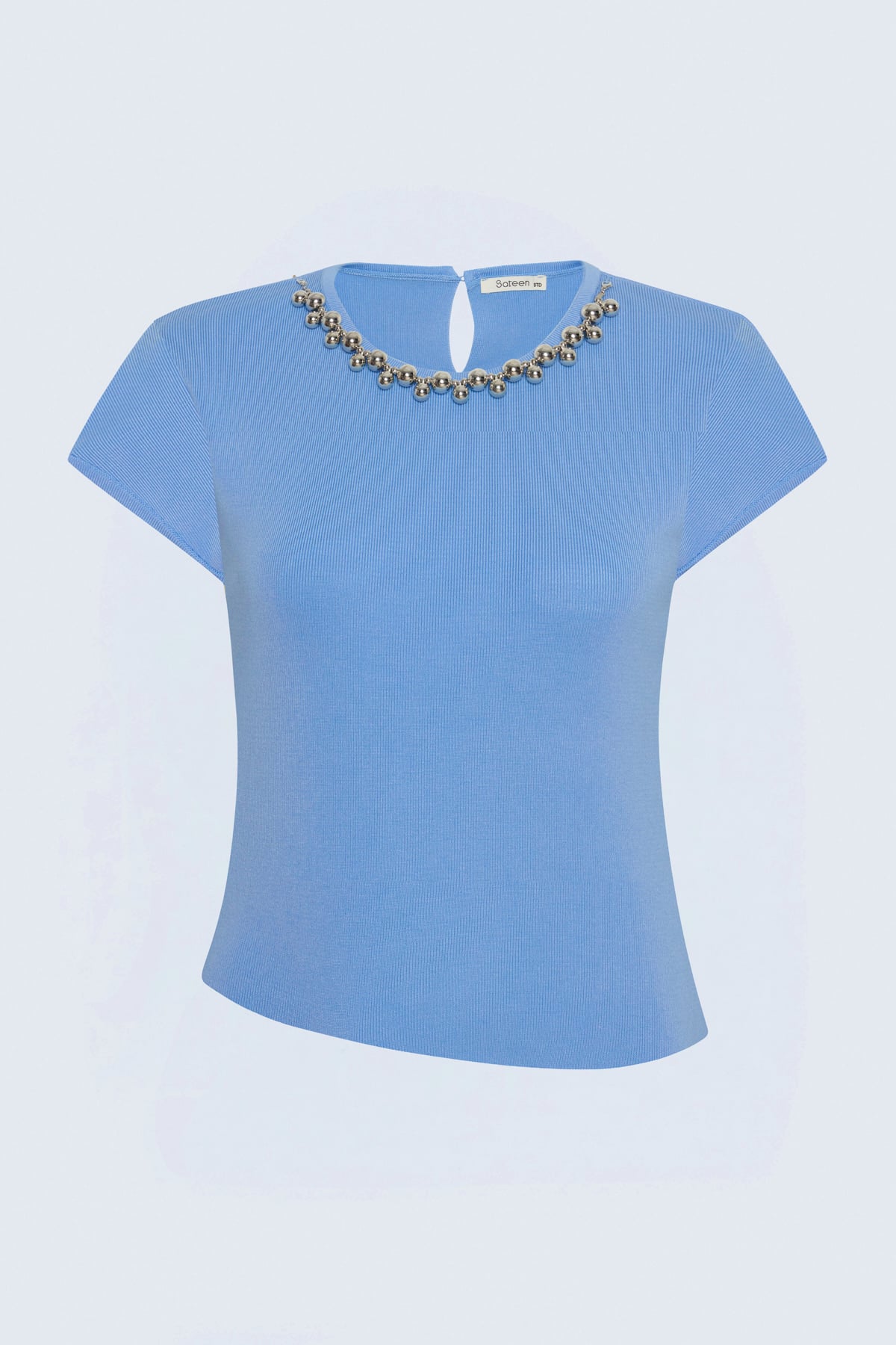 Short-Sleeve Knit Top with Necklace Detail - Bebe blue