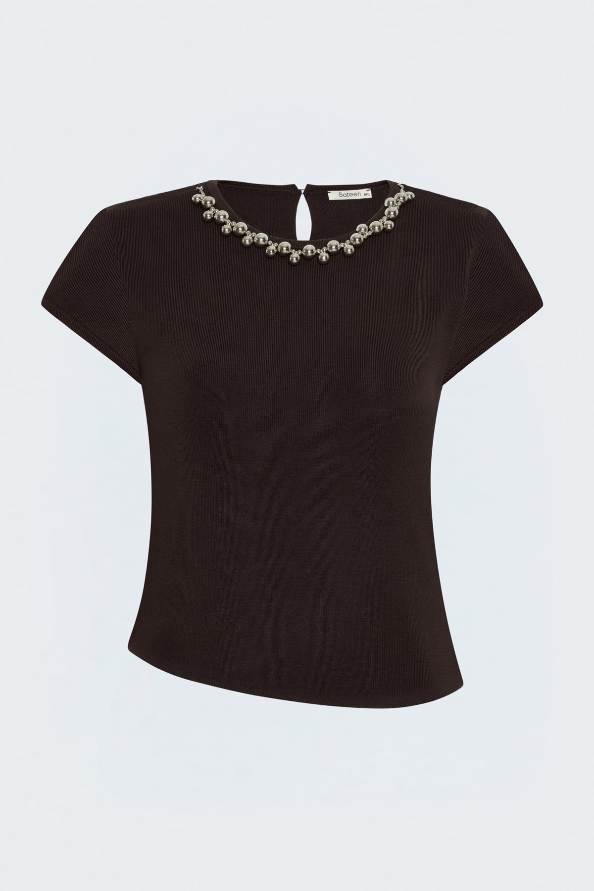 Short-Sleeve Knit Top with Necklace Detail - Brown
