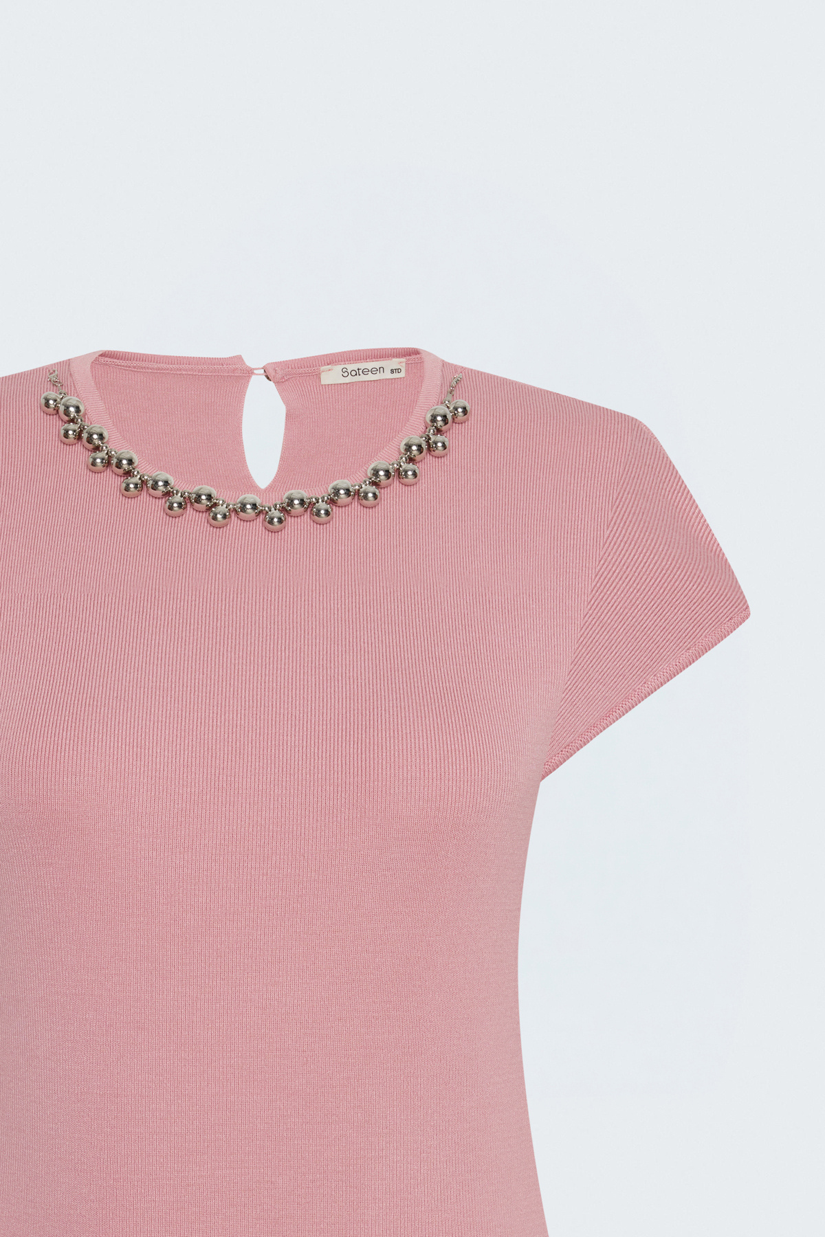 Short-Sleeve Knit Top with Necklace Detail - Powder