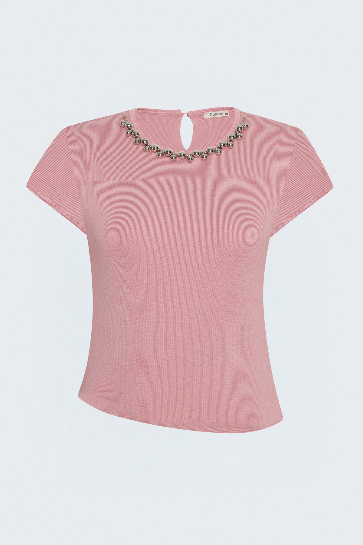 Short-Sleeve Knit Top with Necklace Detail - Powder