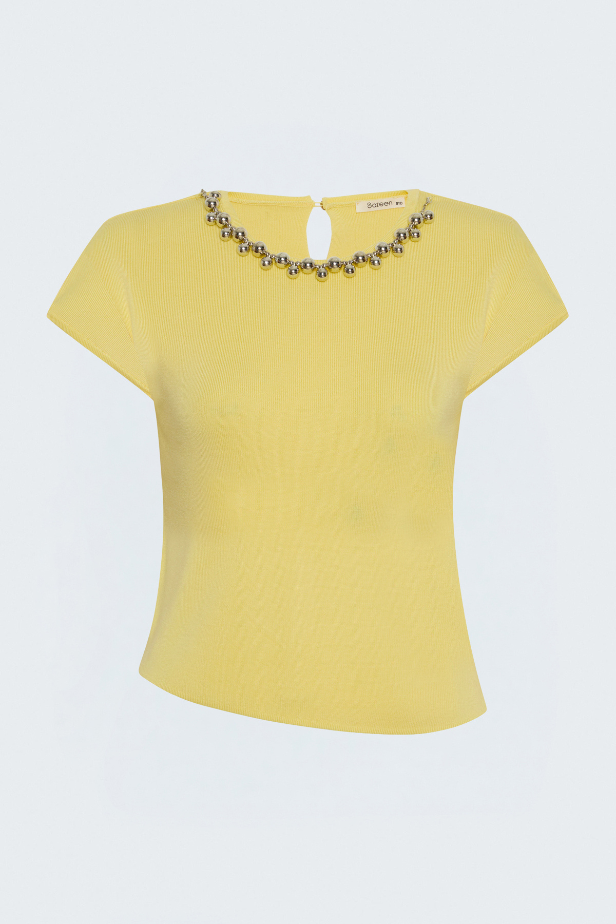 Short-Sleeve Knit Top with Necklace Detail - Yellow