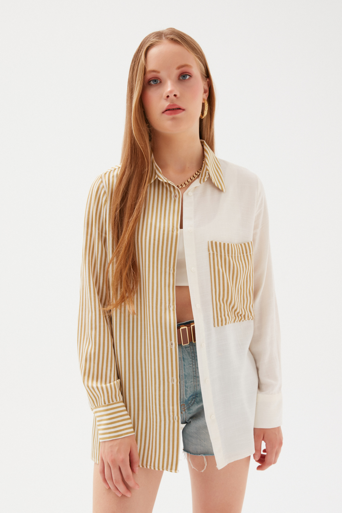 Contrast Striped Loose Shirt - MUSTARD