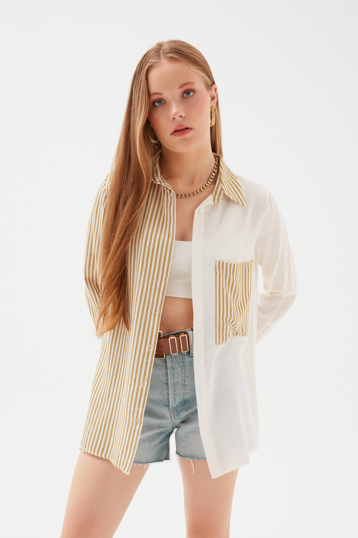 Contrast Striped Loose Shirt - MUSTARD