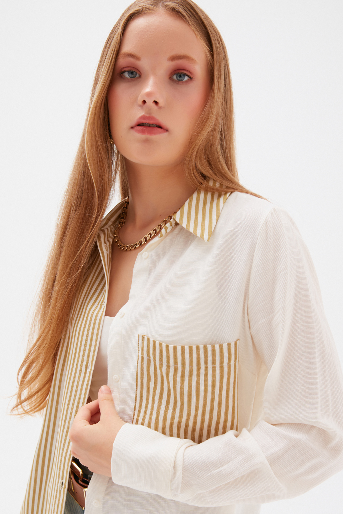 Contrast Striped Loose Shirt - MUSTARD