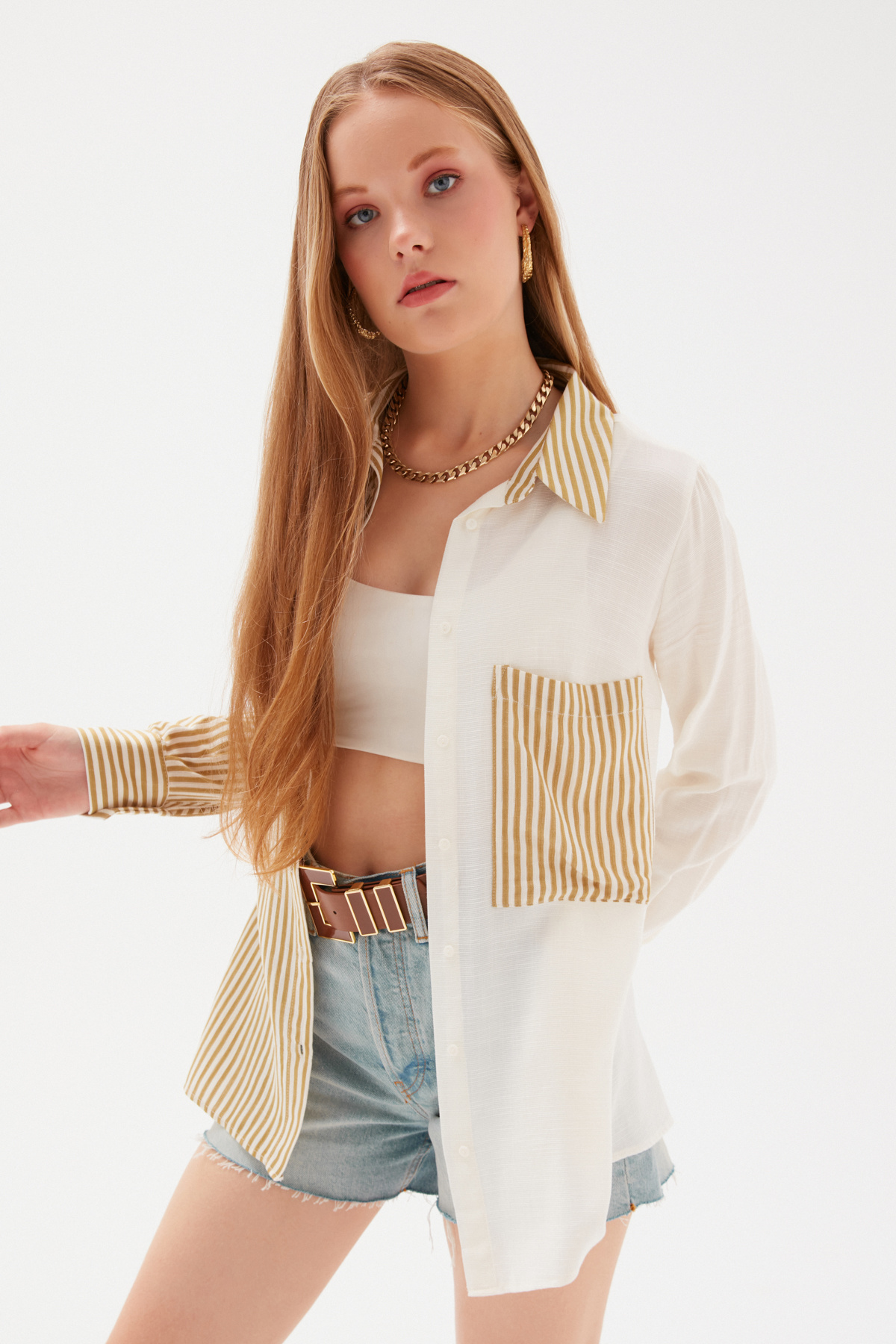 Contrast Striped Loose Shirt - MUSTARD