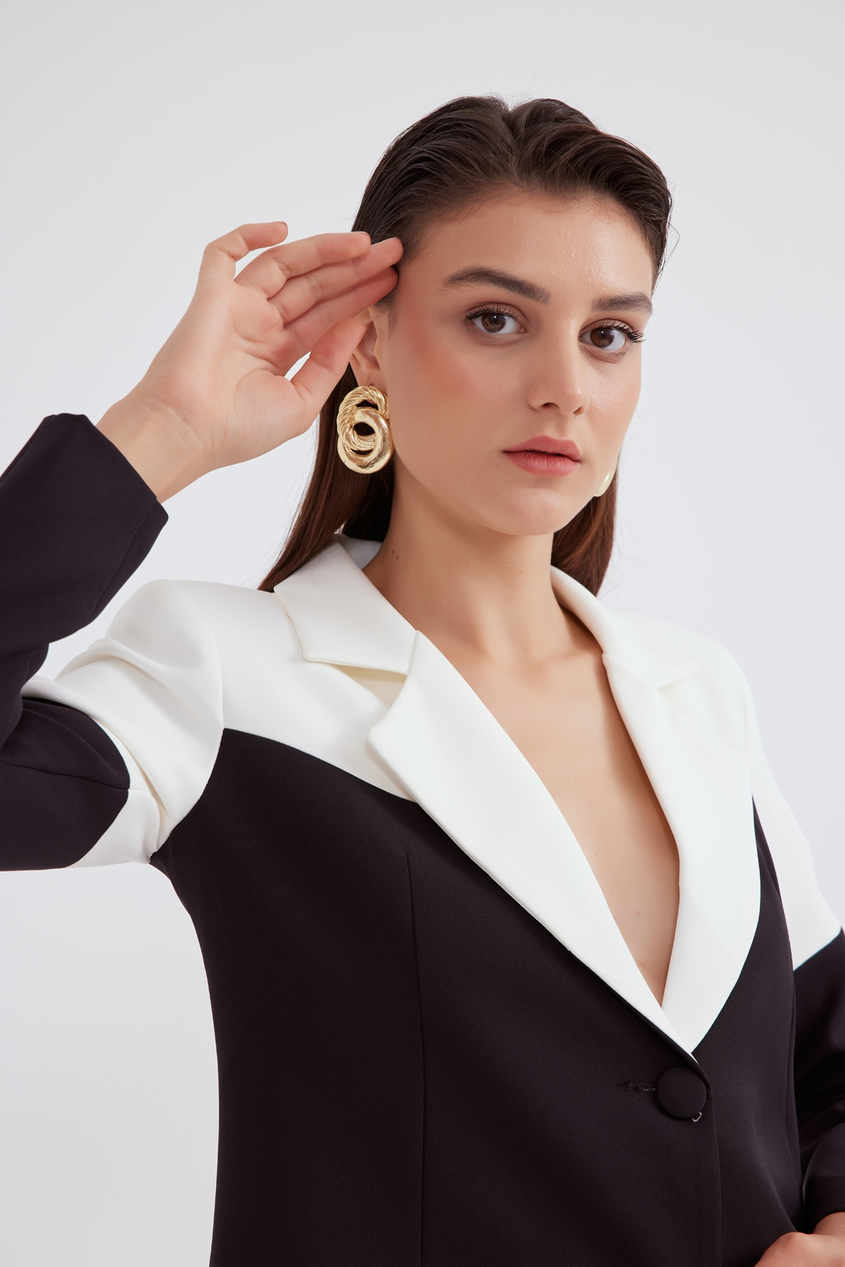 Kontrast crop blazer ceket - SİYAH-EKRU
