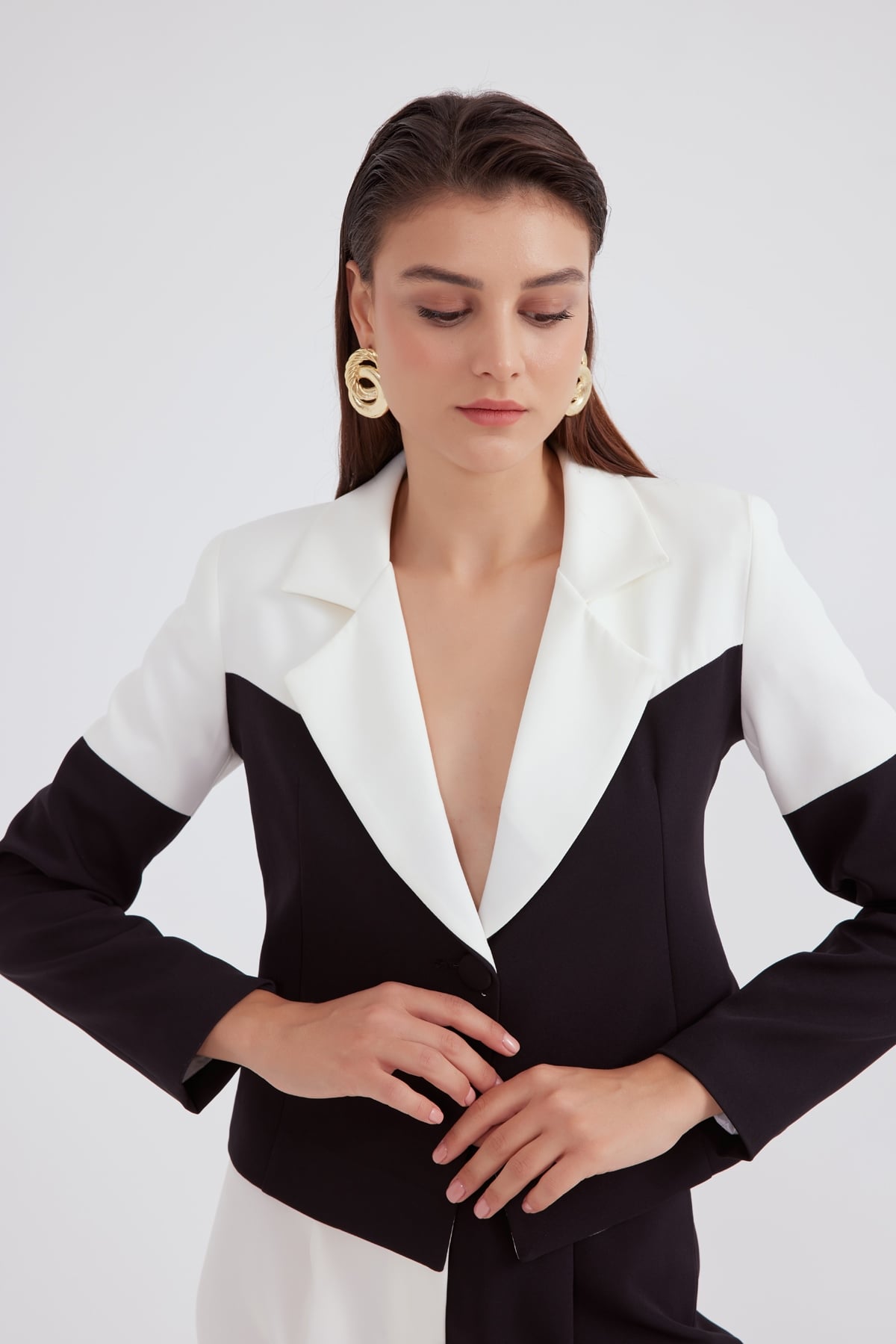Kontrast crop blazer ceket - SİYAH-EKRU