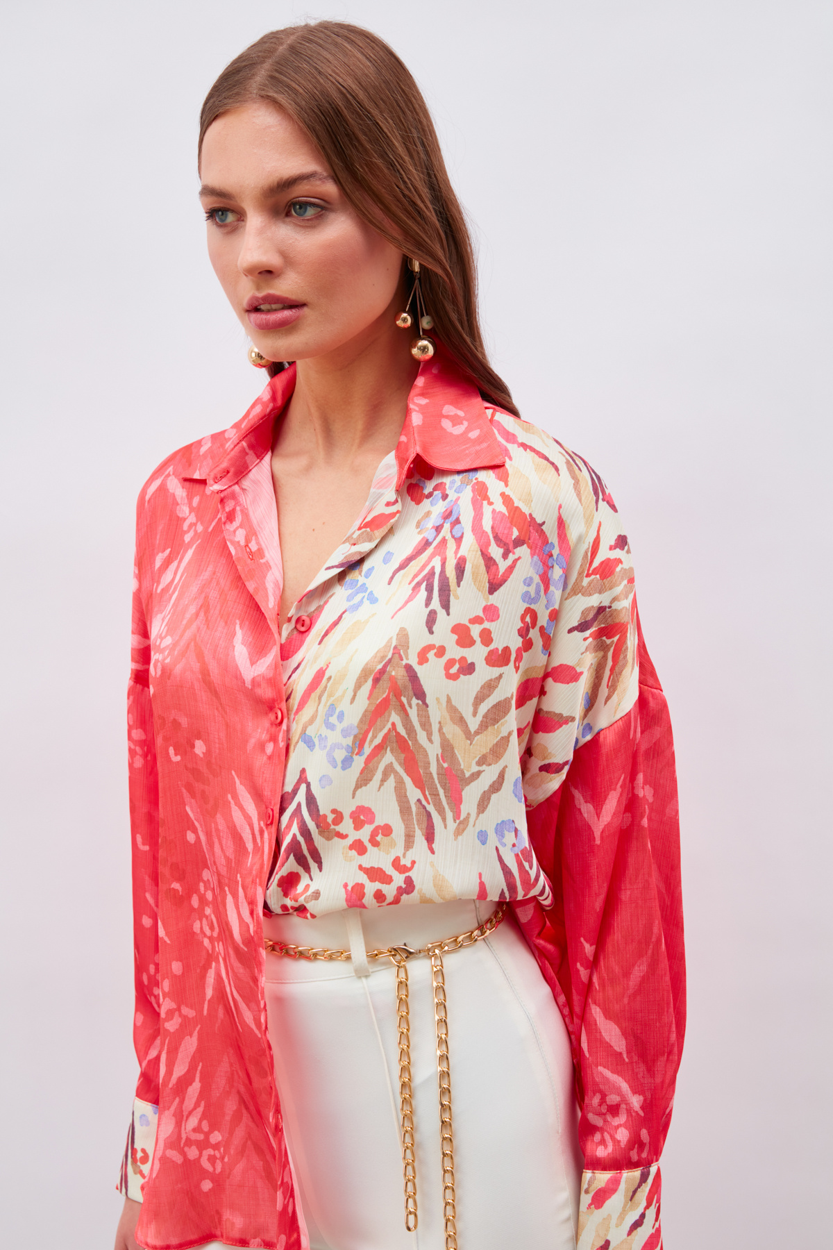 Kontrast Desenli Salaş Gömlek - FUŞYA