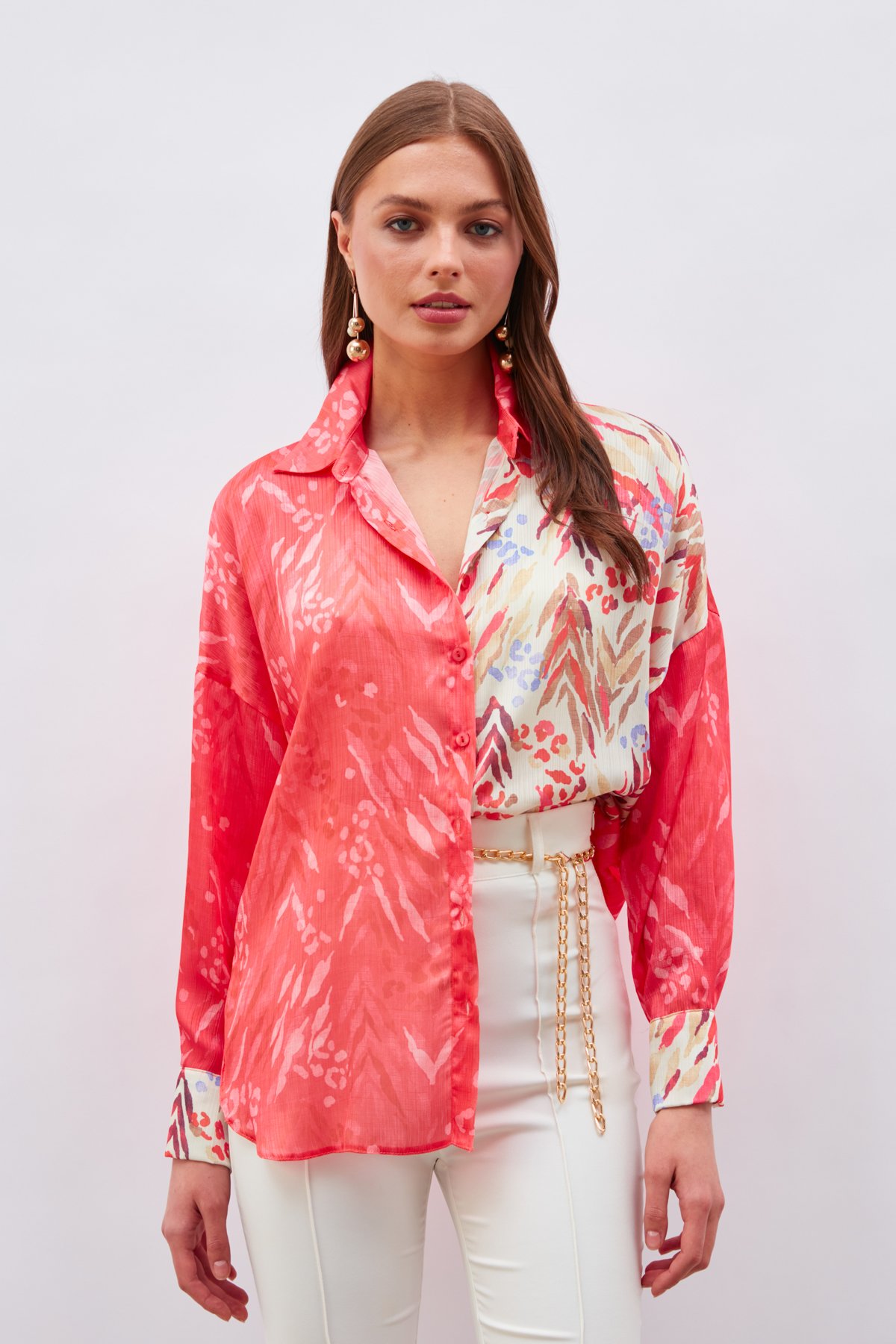 Kontrast Desenli Salaş Gömlek - FUŞYA