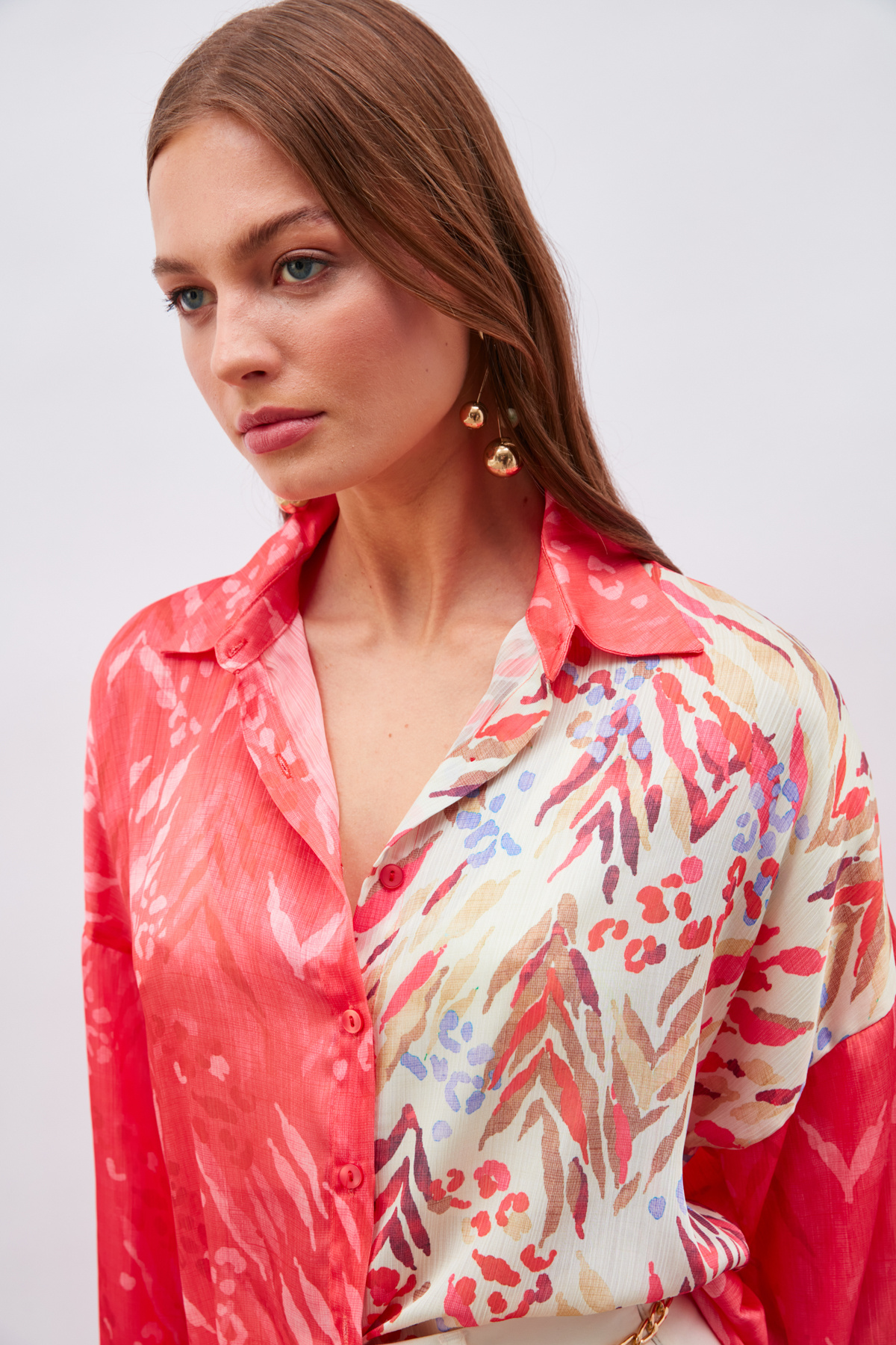 Kontrast Desenli Salaş Gömlek - FUŞYA