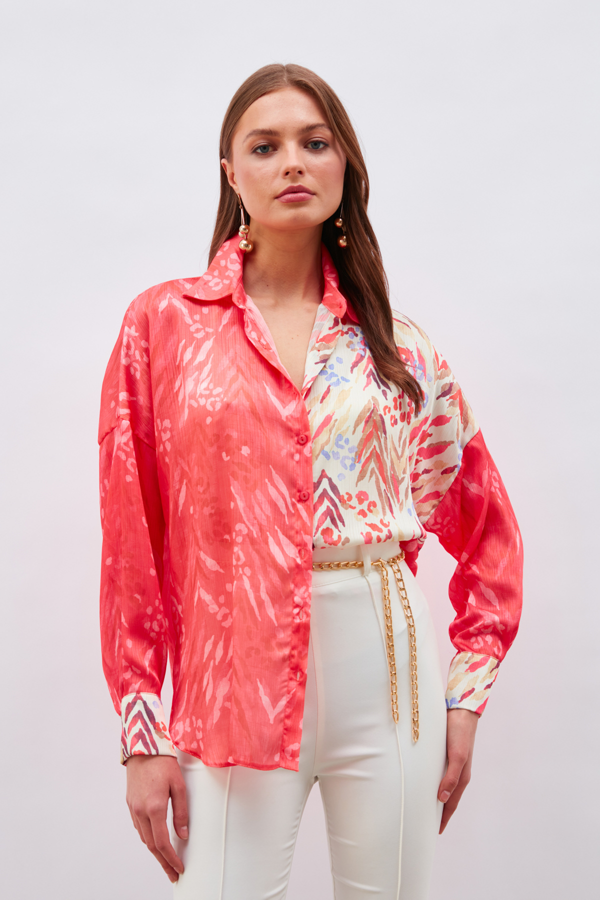 Kontrast Desenli Salaş Gömlek - FUŞYA