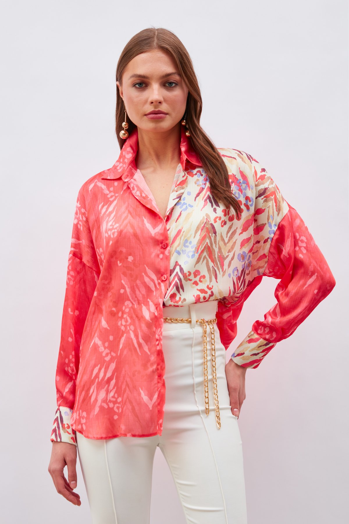 Kontrast Desenli Salaş Gömlek - FUŞYA