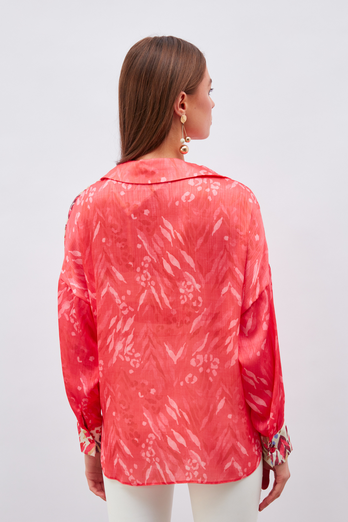 Kontrast Desenli Salaş Gömlek - FUŞYA