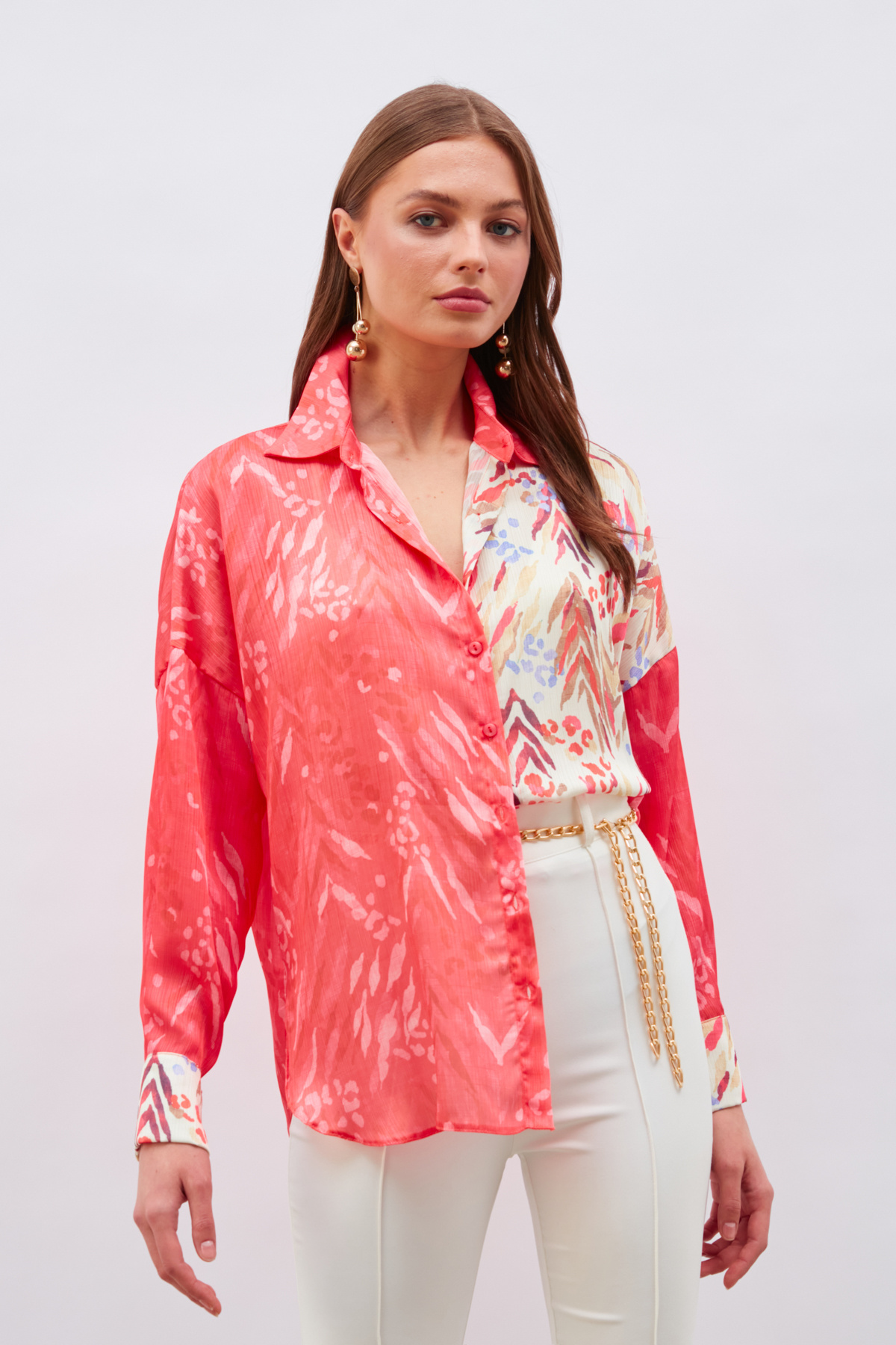 Kontrast Desenli Salaş Gömlek - FUŞYA