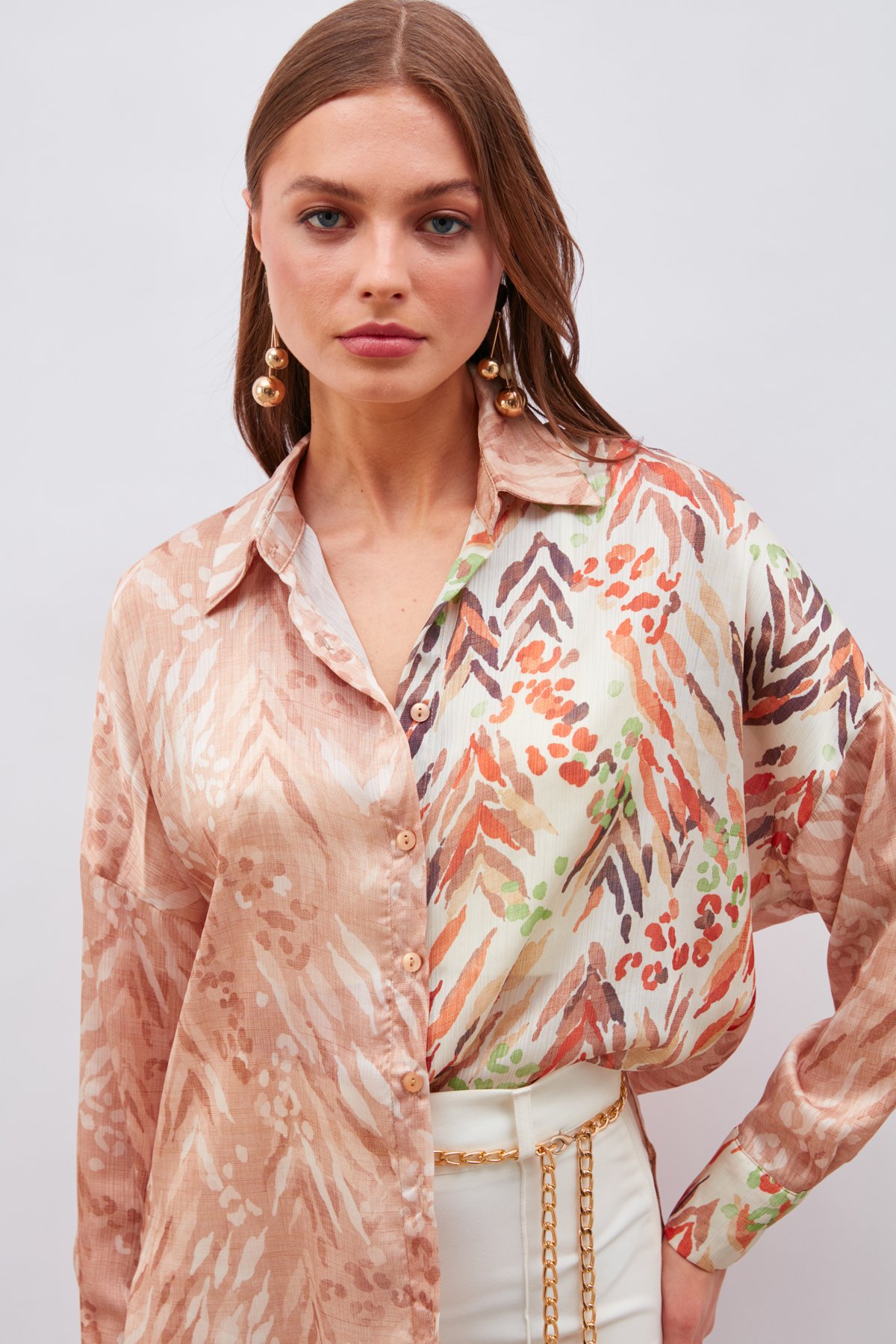 Kontrast Desenli Salaş Gömlek - KAHVE-BEJ