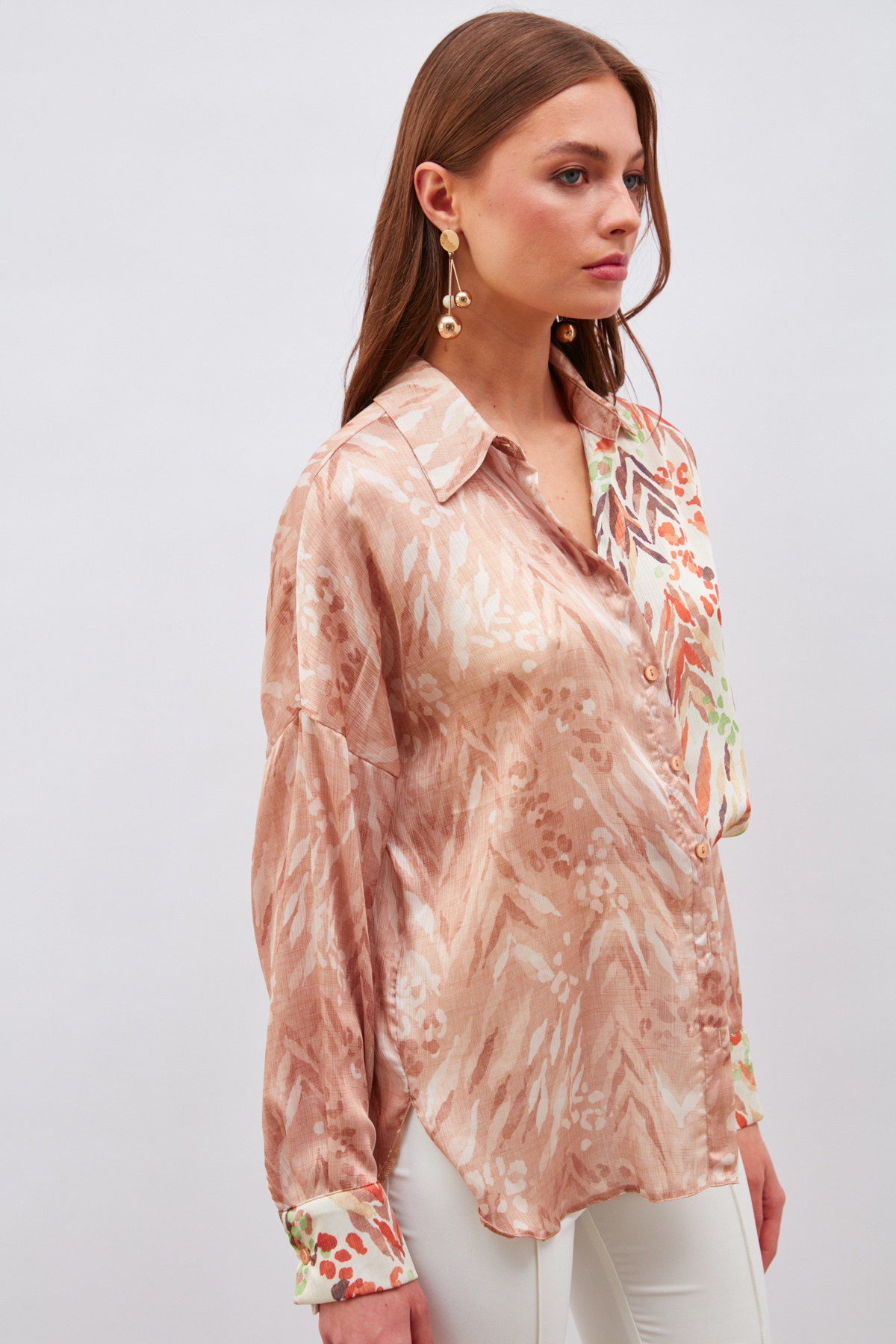 Kontrast Desenli Salaş Gömlek - KAHVE-BEJ