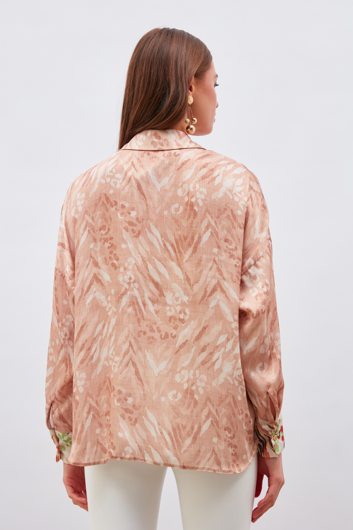 Kontrast Desenli Salaş Gömlek - KAHVE-BEJ