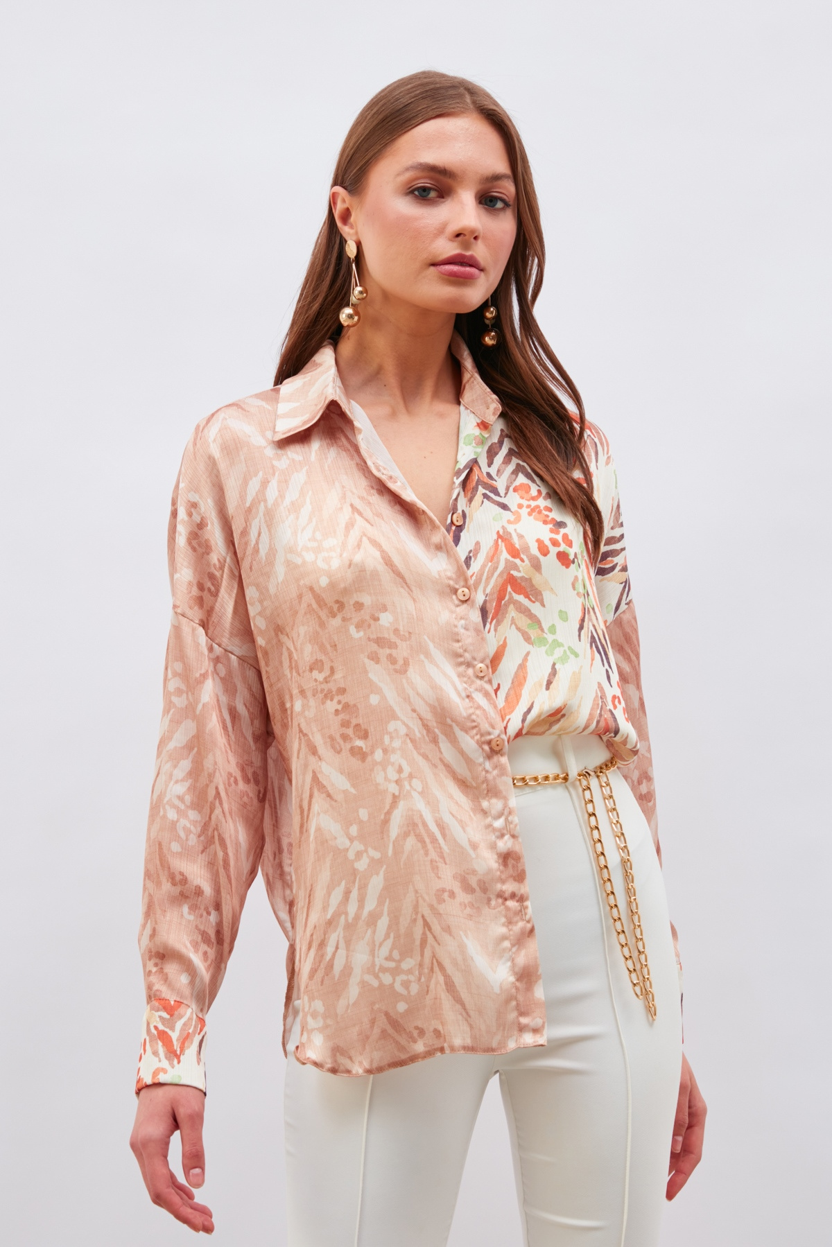 Kontrast Desenli Salaş Gömlek - KAHVE-BEJ