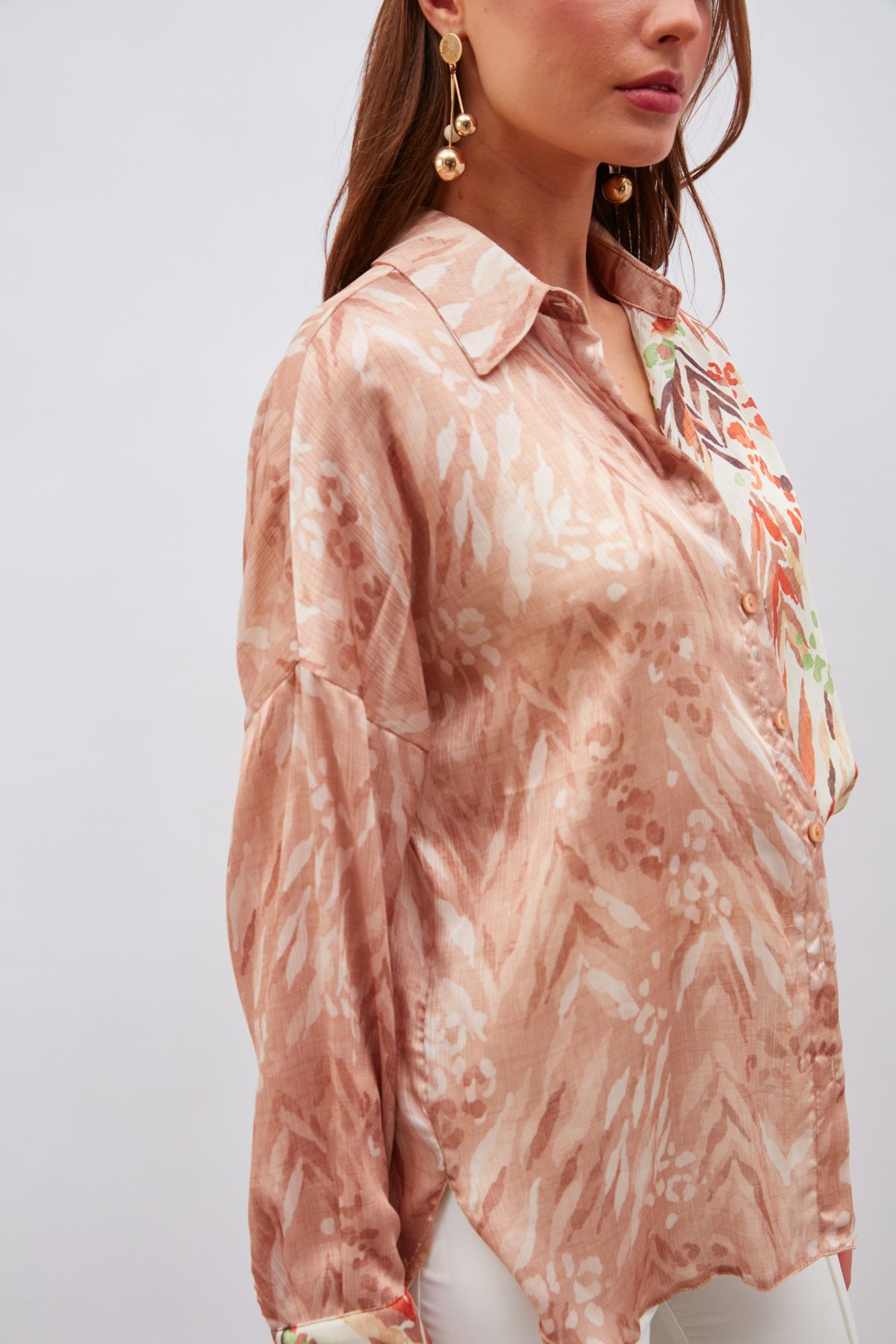 Kontrast Desenli Salaş Gömlek - KAHVE-BEJ