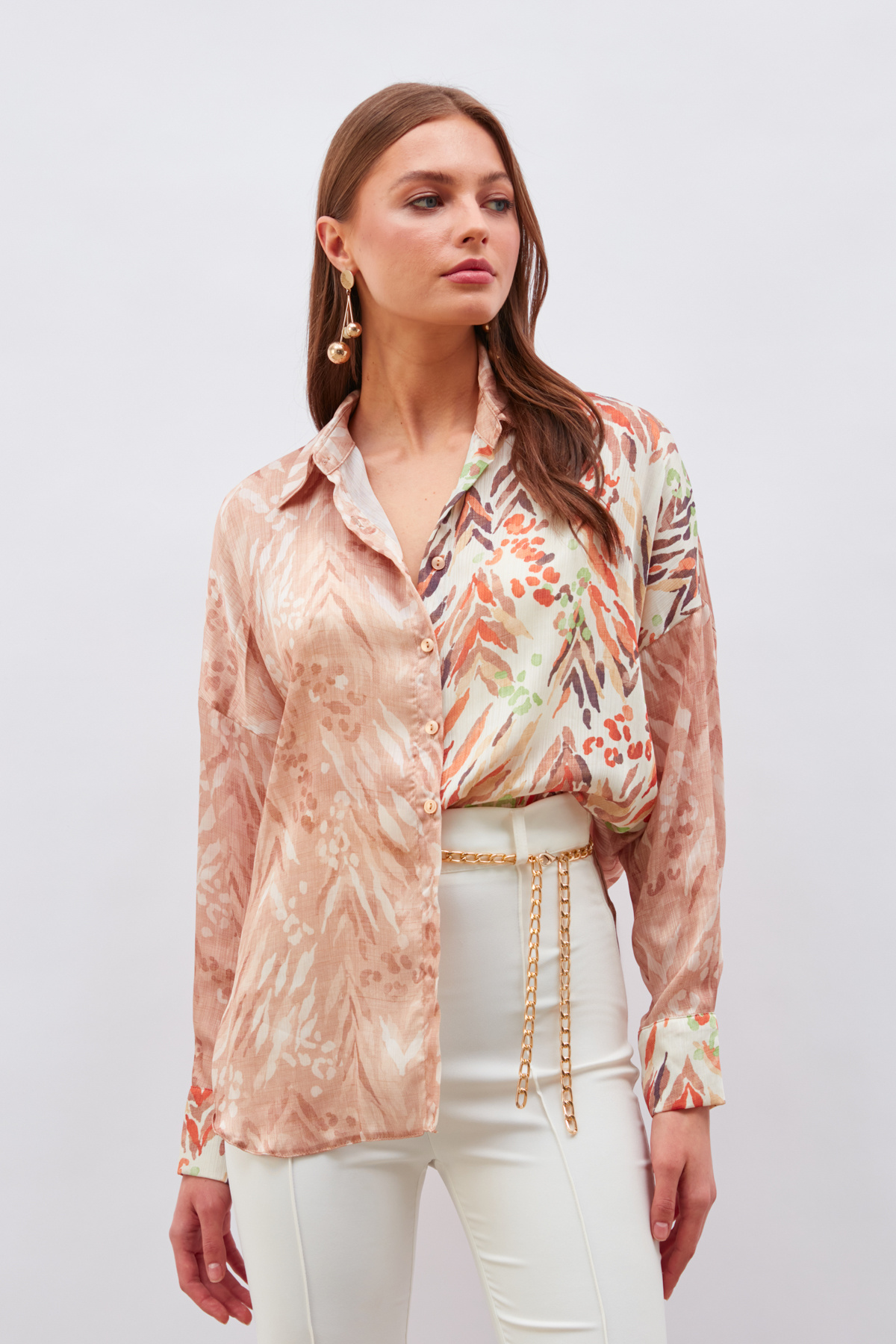 Kontrast Desenli Salaş Gömlek - KAHVE-BEJ