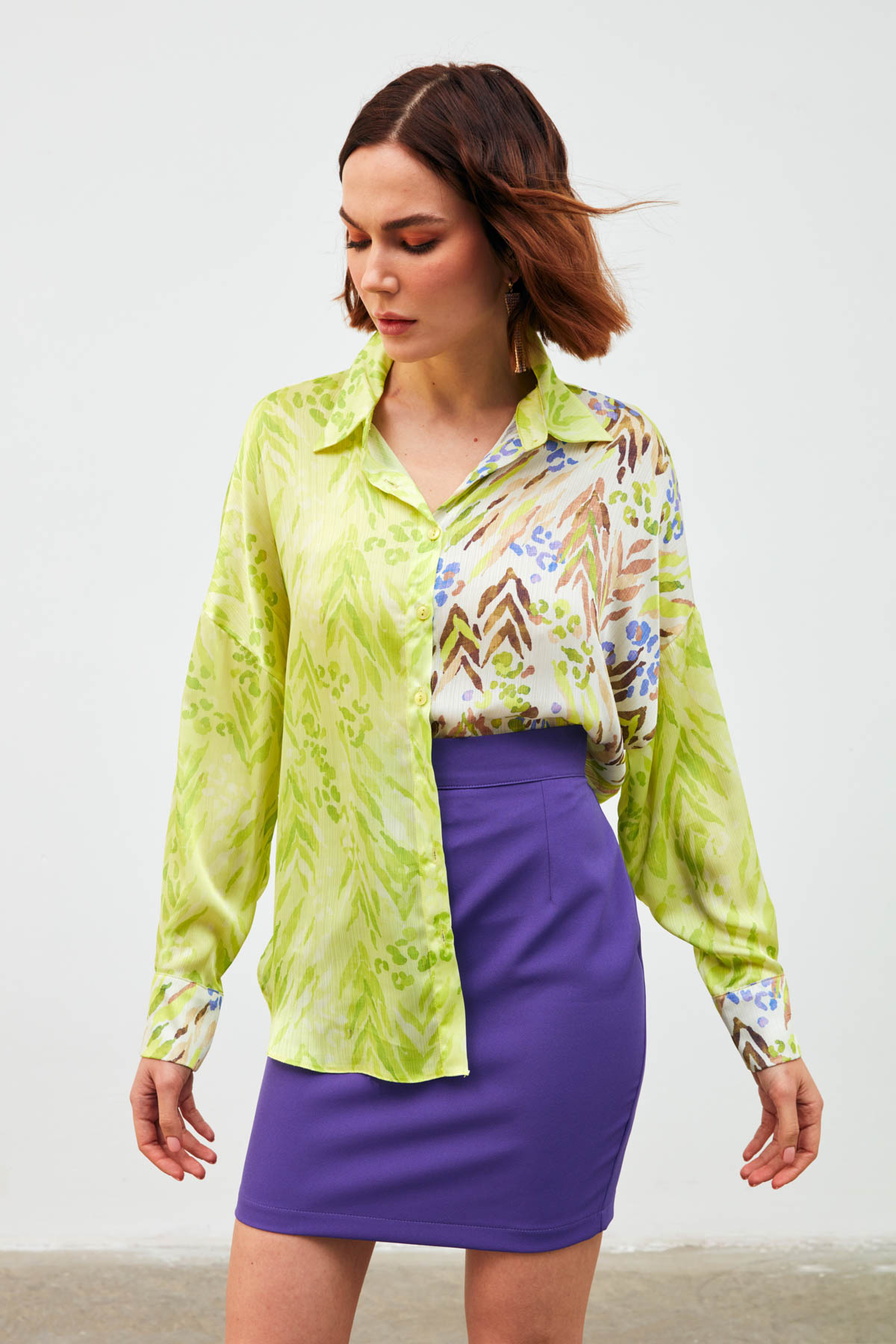 Kontrast Desenli Salaş Gömlek - SARI